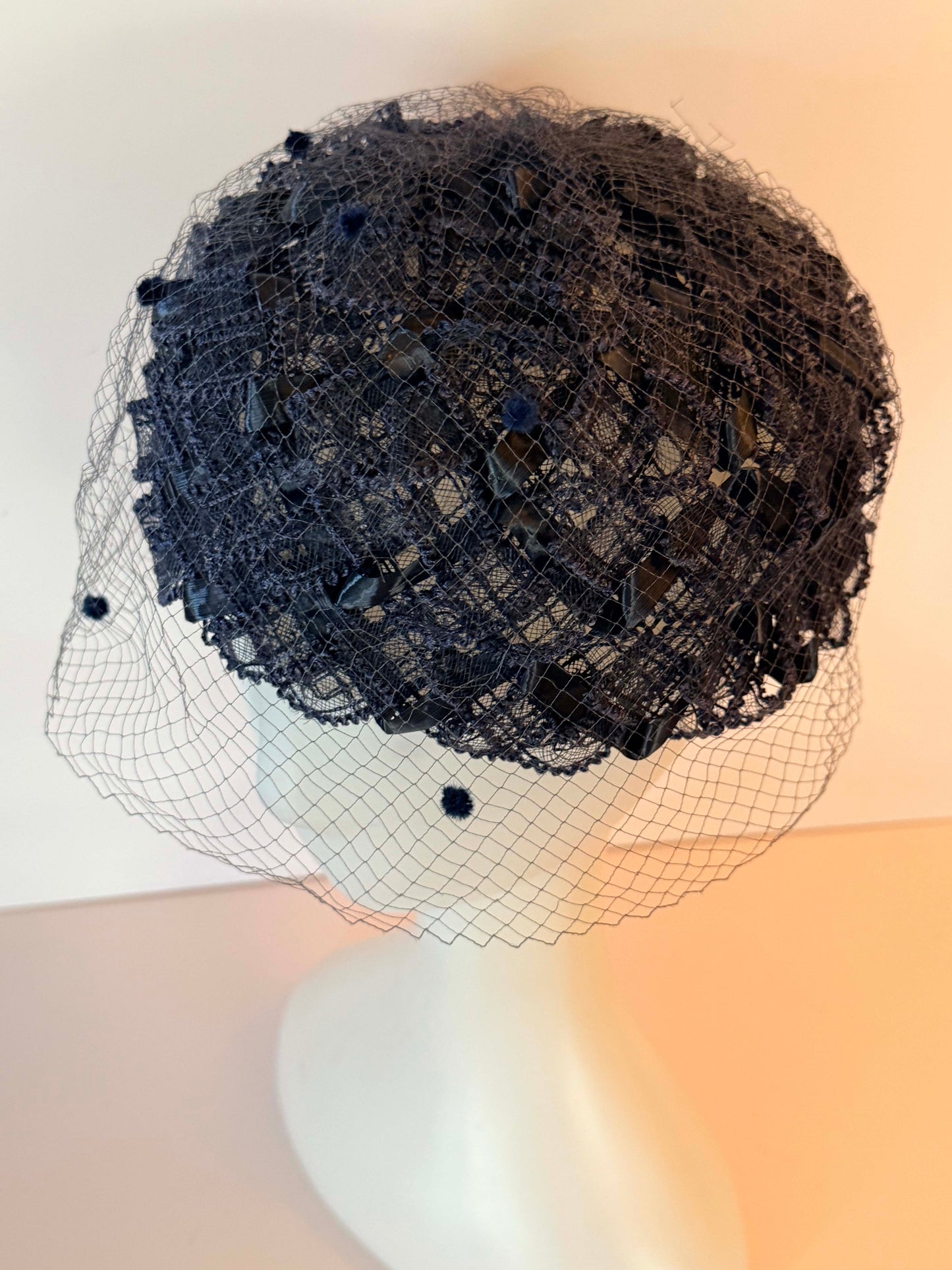 Vintage Navy Blue Birdcage Veil Hat | 1950s Lace Cocktail Hat | Veil Ready Fascinator | French Netting Wedding Hat | Vintage Bridal Millinery