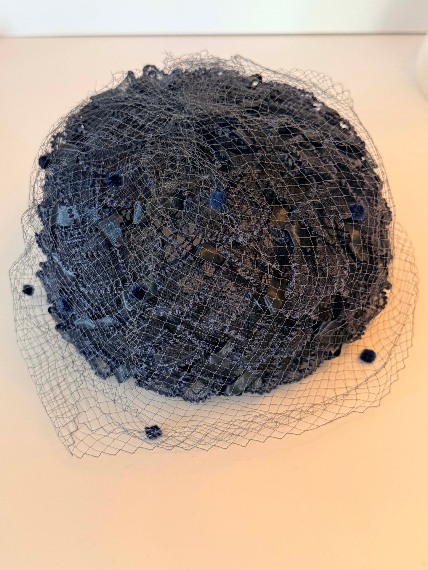 Vintage Navy Blue Birdcage Veil Hat | 1950s Lace Cocktail Hat | Veil Ready Fascinator | French Netting Wedding Hat | Vintage Bridal Millinery
