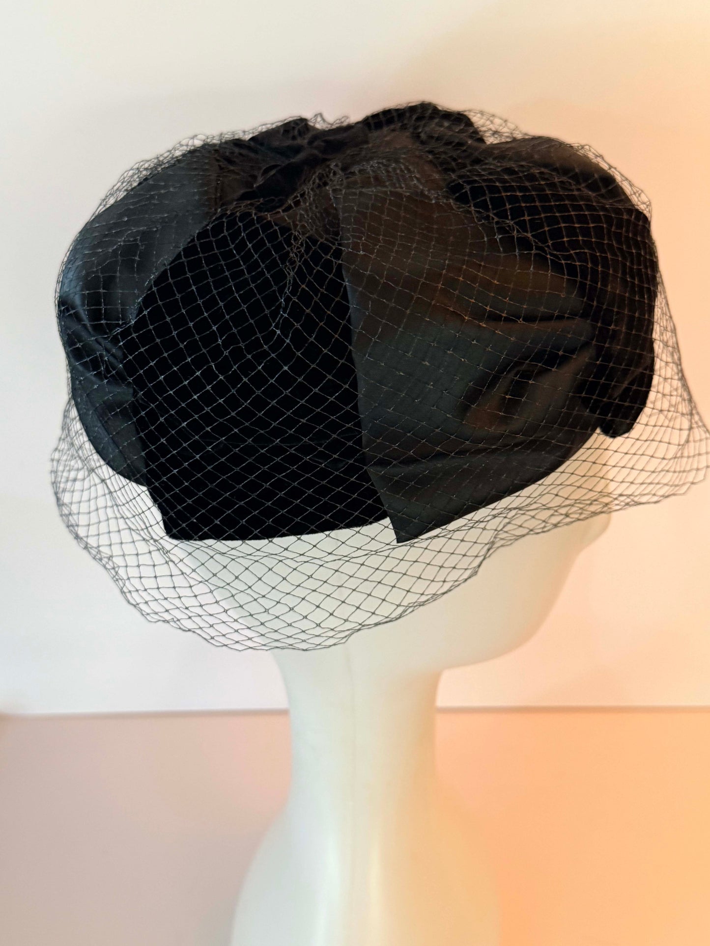 Vintage Black Birdcage Veil Hat | 1950s Satin Cocktail Hat | Veil Ready Fascinator | Elegant Vintage Bridal Hat | Mid-Century Millinery
