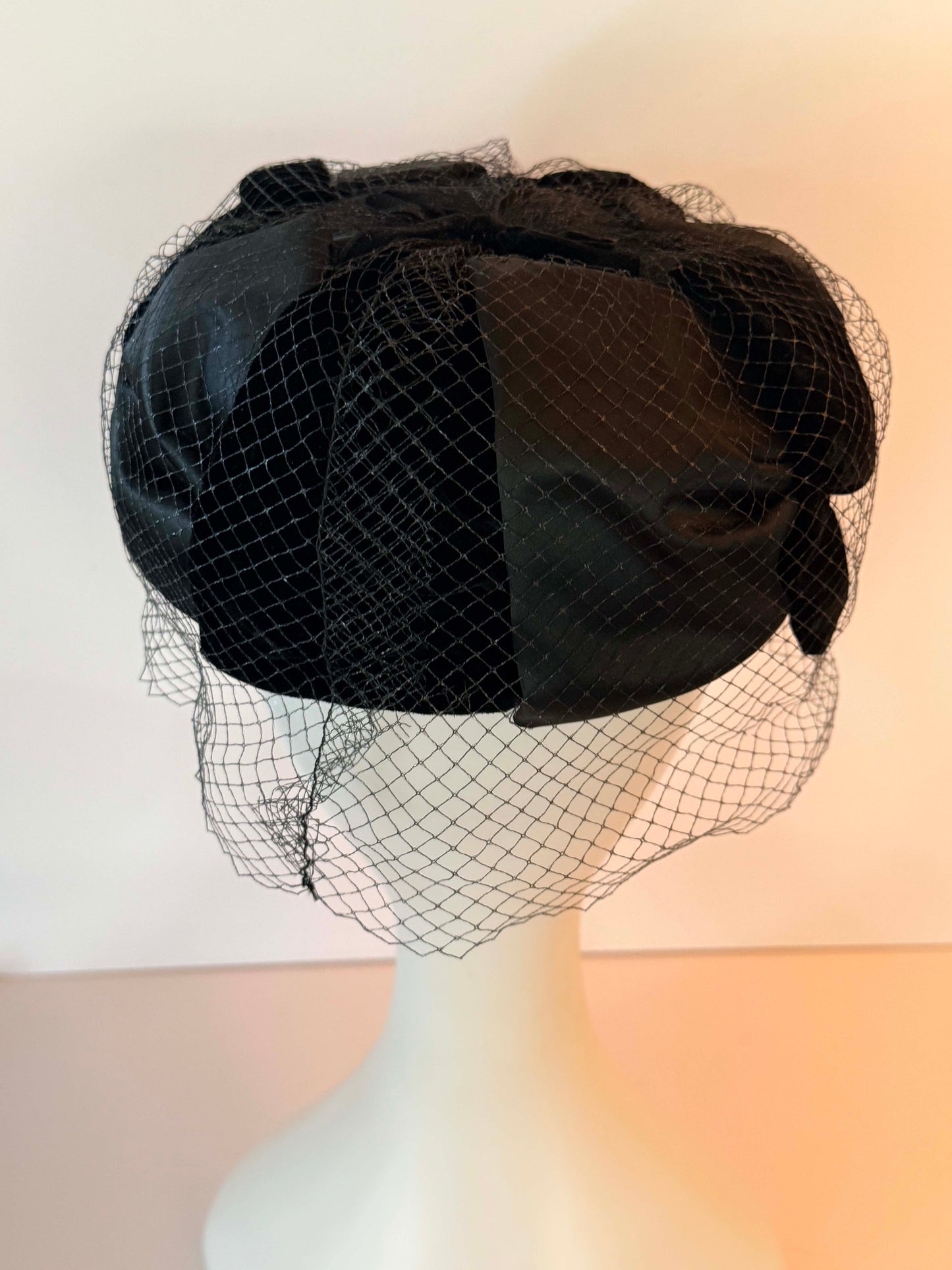 Vintage Black Birdcage Veil Hat | 1950s Satin Cocktail Hat | Veil Ready Fascinator | Elegant Vintage Bridal Hat | Mid-Century Millinery