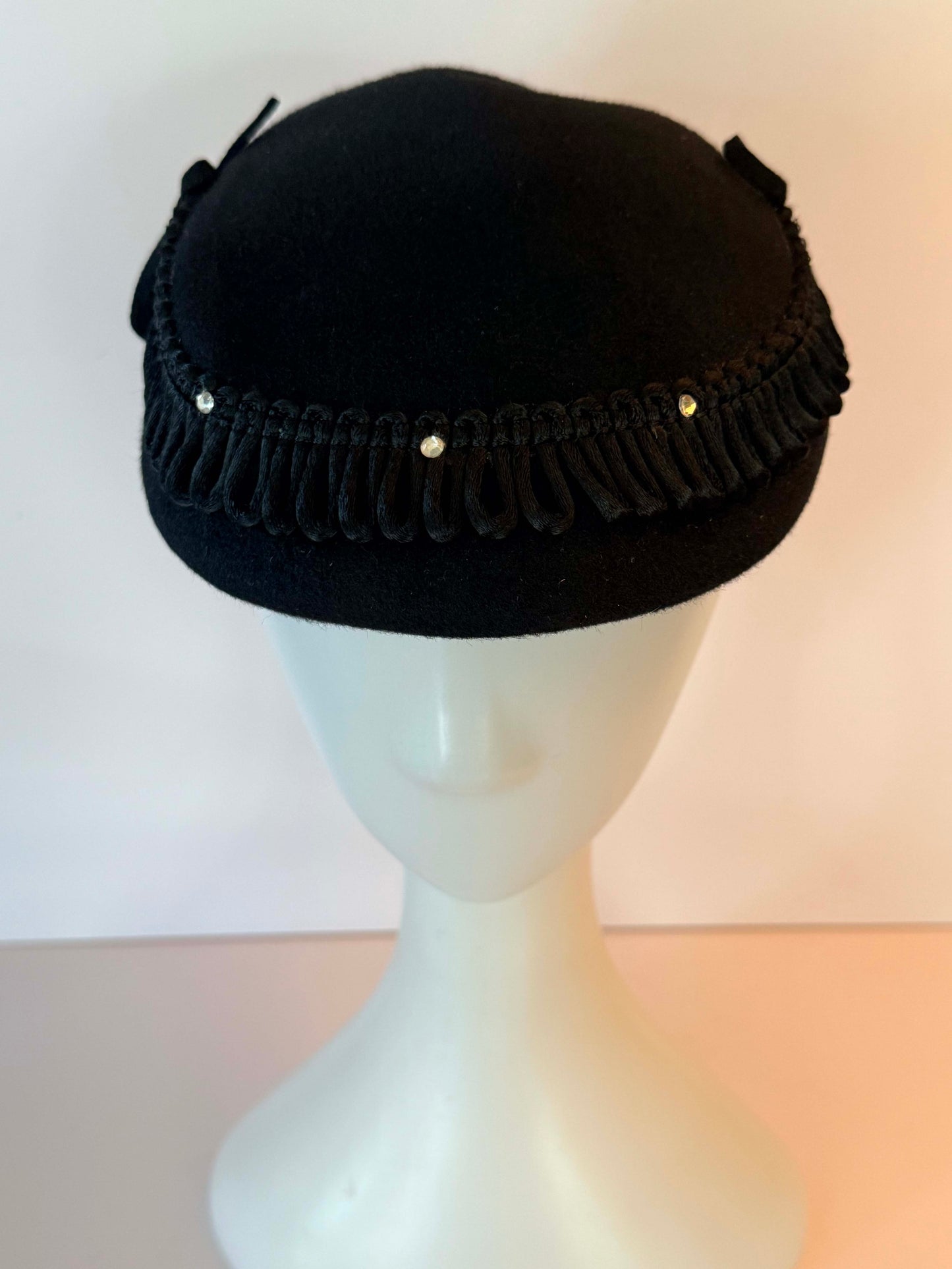 Vintage Black Tilt Hat | 1950s Wool Cocktail Hat | Rhinestone Trim Fascinator |  Mid-Century Millinery