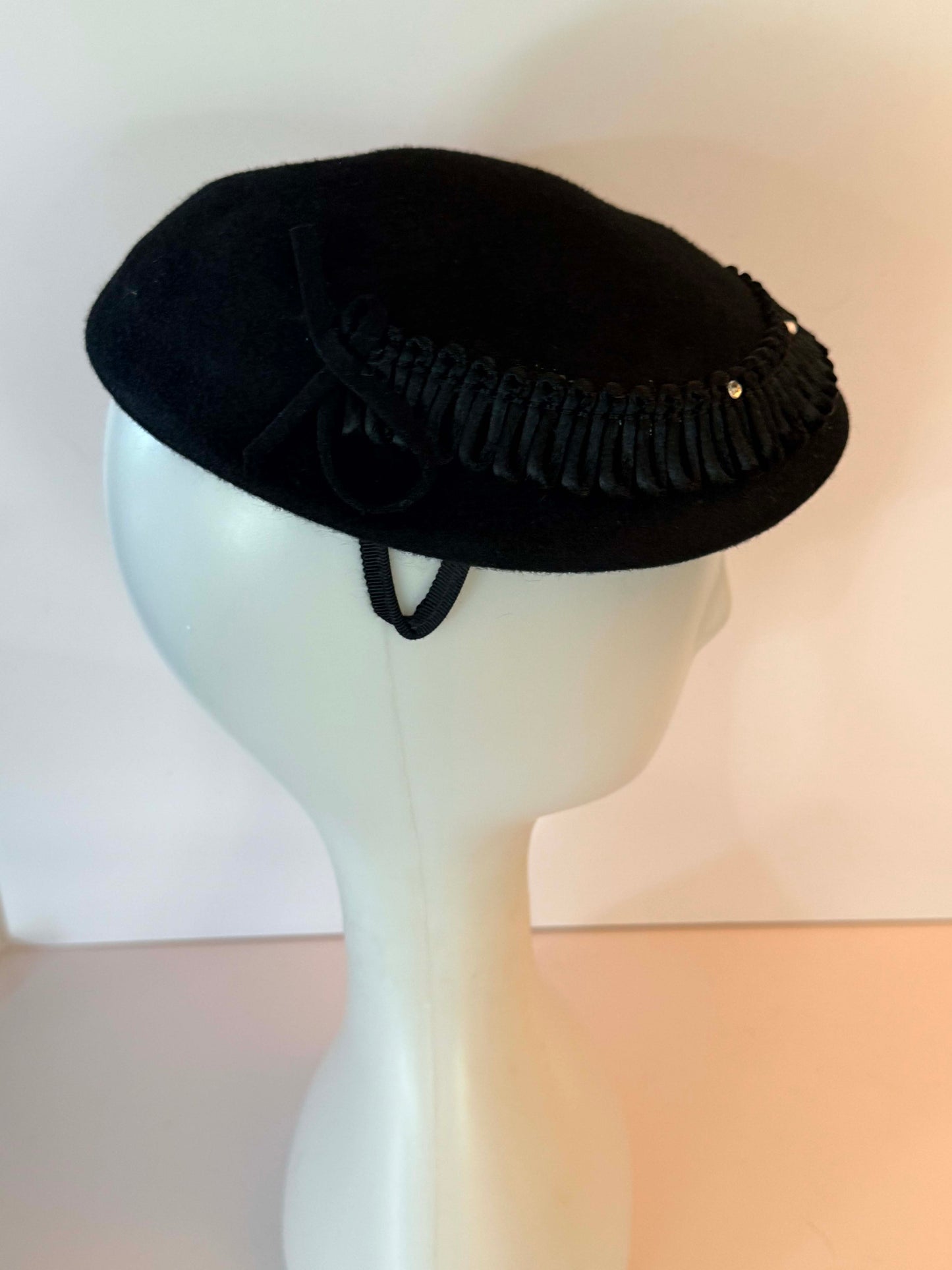 Vintage Black Tilt Hat | 1950s Wool Cocktail Hat | Rhinestone Trim Fascinator |  Mid-Century Millinery