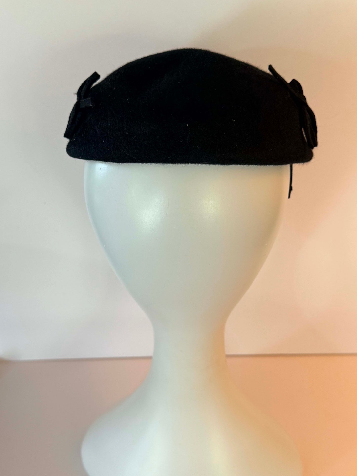 Vintage Black Tilt Hat | 1950s Wool Cocktail Hat | Rhinestone Trim Fascinator |  Mid-Century Millinery