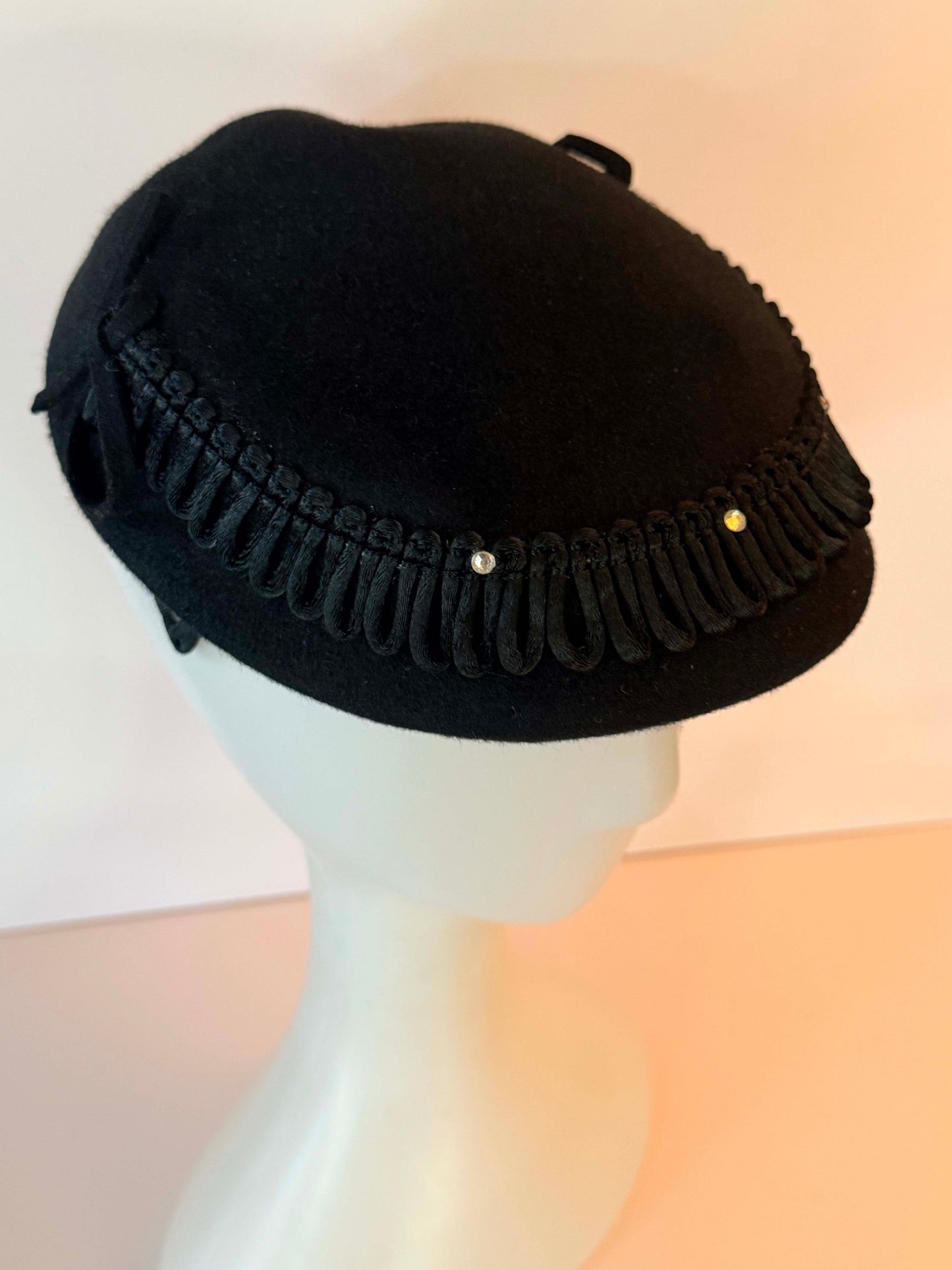 Vintage Black Tilt Hat | 1950s Wool Cocktail Hat | Rhinestone Trim Fascinator |  Mid-Century Millinery