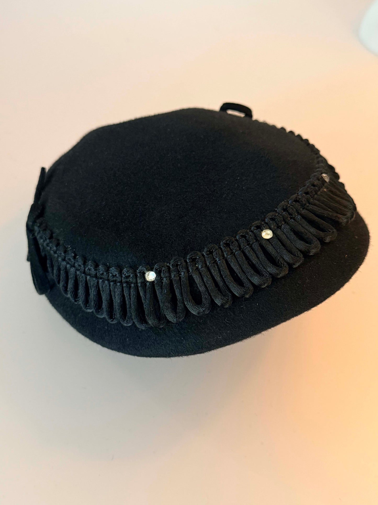 Vintage Black Tilt Hat | 1950s Wool Cocktail Hat | Rhinestone Trim Fascinator |  Mid-Century Millinery