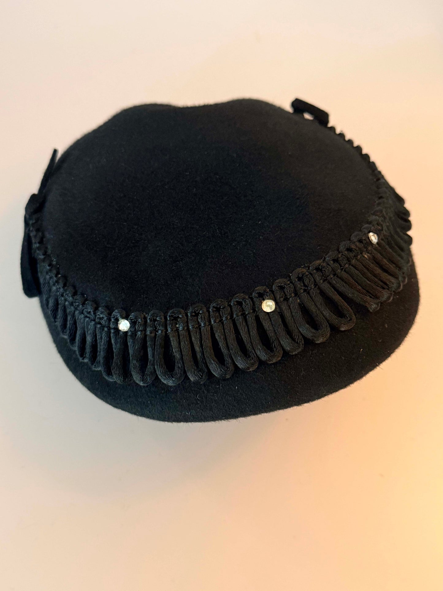 Vintage Black Tilt Hat | 1950s Wool Cocktail Hat | Rhinestone Trim Fascinator |  Mid-Century Millinery
