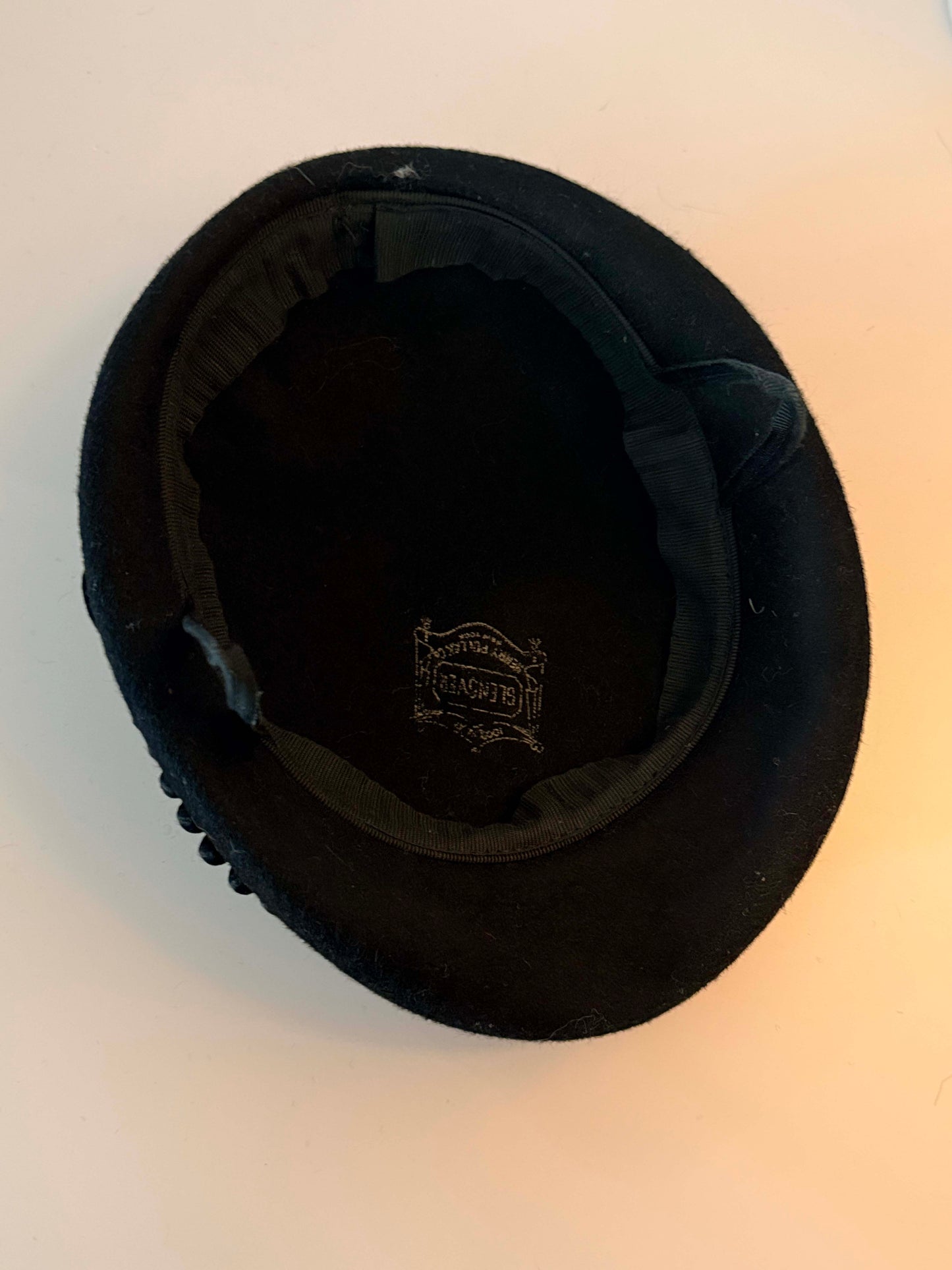 Vintage Black Tilt Hat | 1950s Wool Cocktail Hat | Rhinestone Trim Fascinator |  Mid-Century Millinery