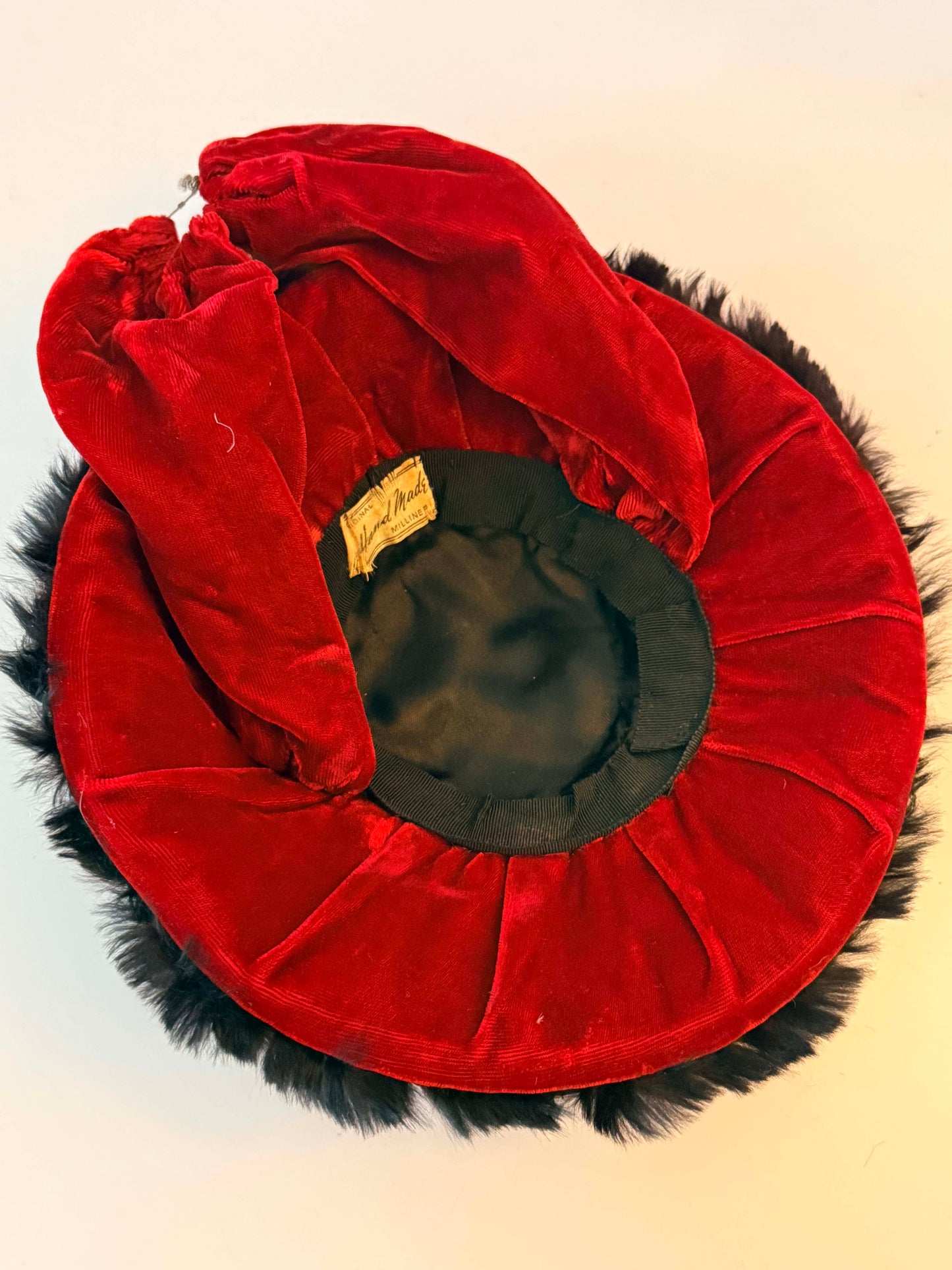 Vintage 1940s Black Fur & Red Velvet Chignon Hat | Norma Mads Millinery | Bun Cover Cocktail Hat | Late 40s Tilt Hat