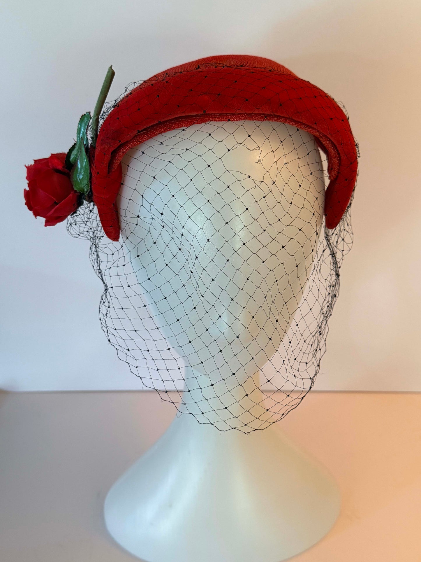 Vintage Adele Clair Red Straw Half Hat | 1950s Floral Half Hat | Red Rose Veiled Cocktail Hat | Mid Century Millinery