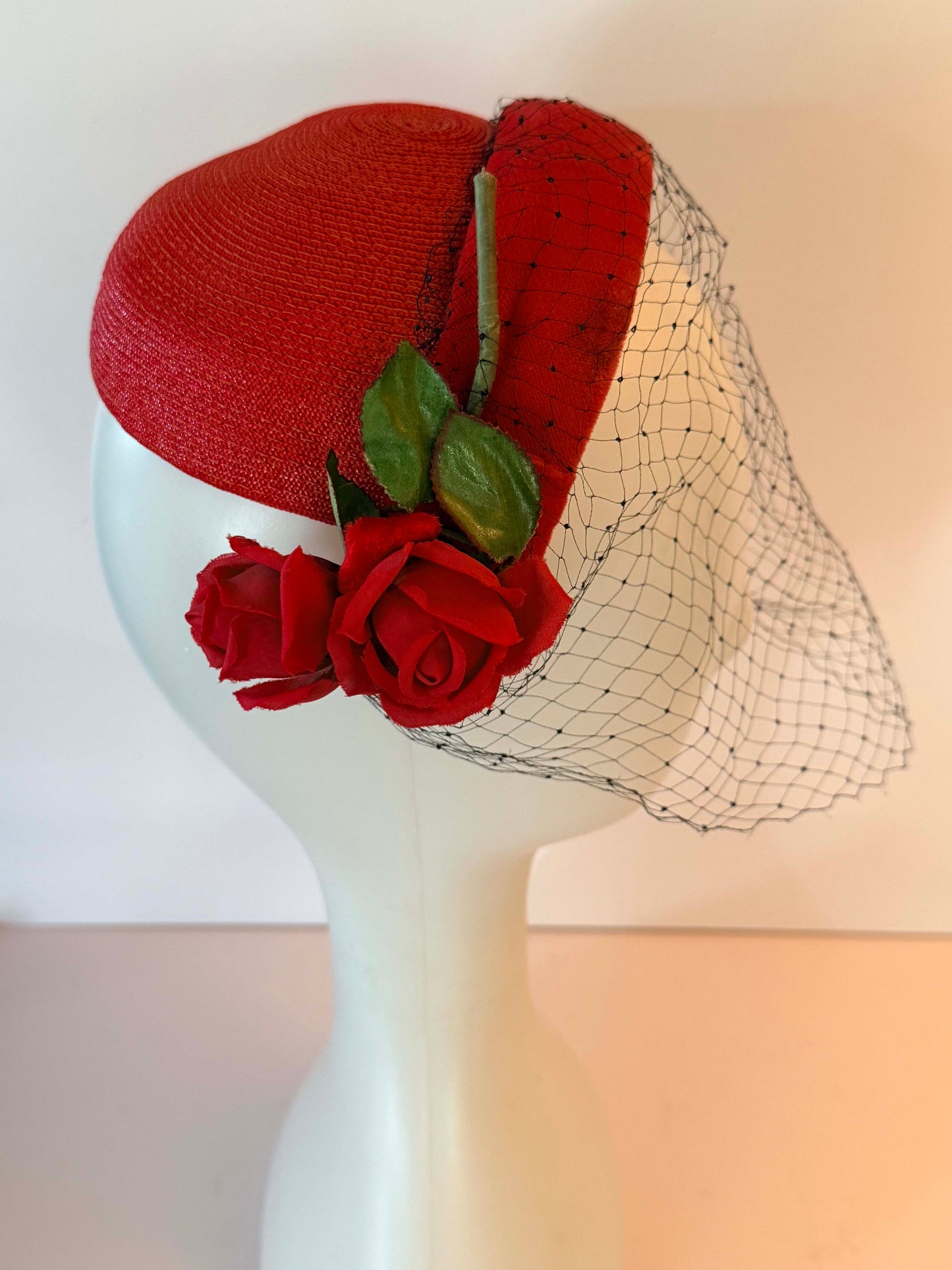 Vintage Adele Clair Red Straw Half Hat | 1950s Floral Half Hat | Red Rose Veiled Cocktail Hat | Mid Century Millinery