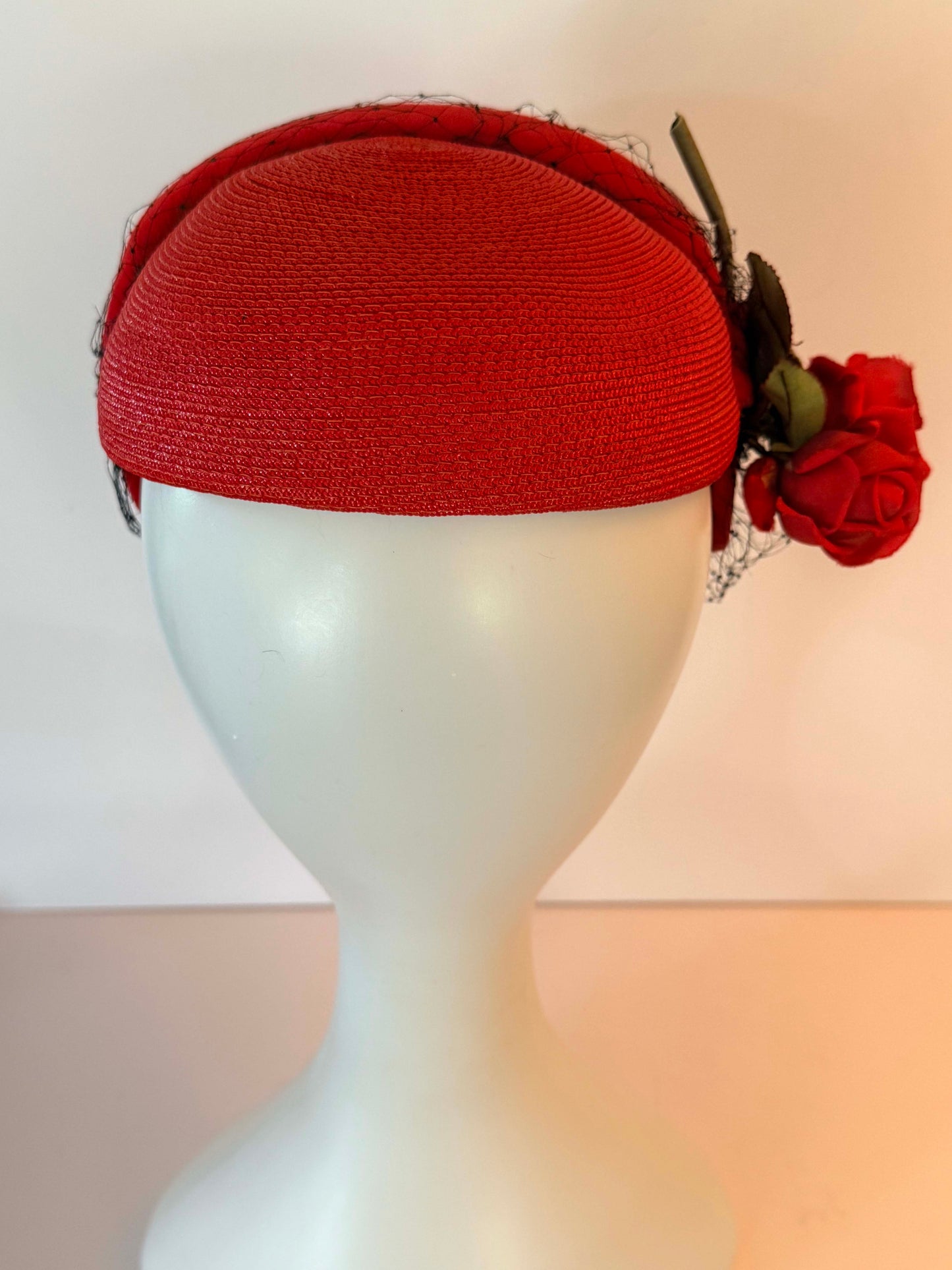 Vintage Adele Clair Red Straw Half Hat | 1950s Floral Half Hat | Red Rose Veiled Cocktail Hat | Mid Century Millinery