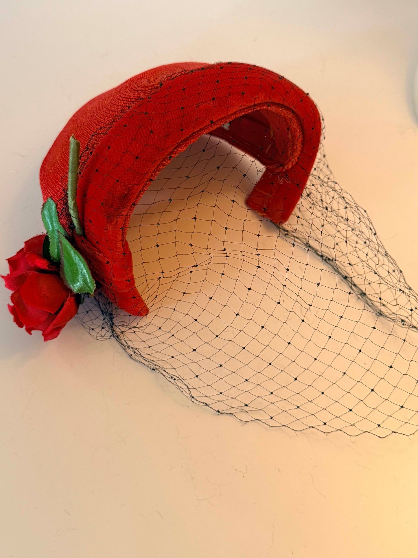Vintage Adele Clair Red Straw Half Hat | 1950s Floral Half Hat | Red Rose Veiled Cocktail Hat | Mid Century Millinery