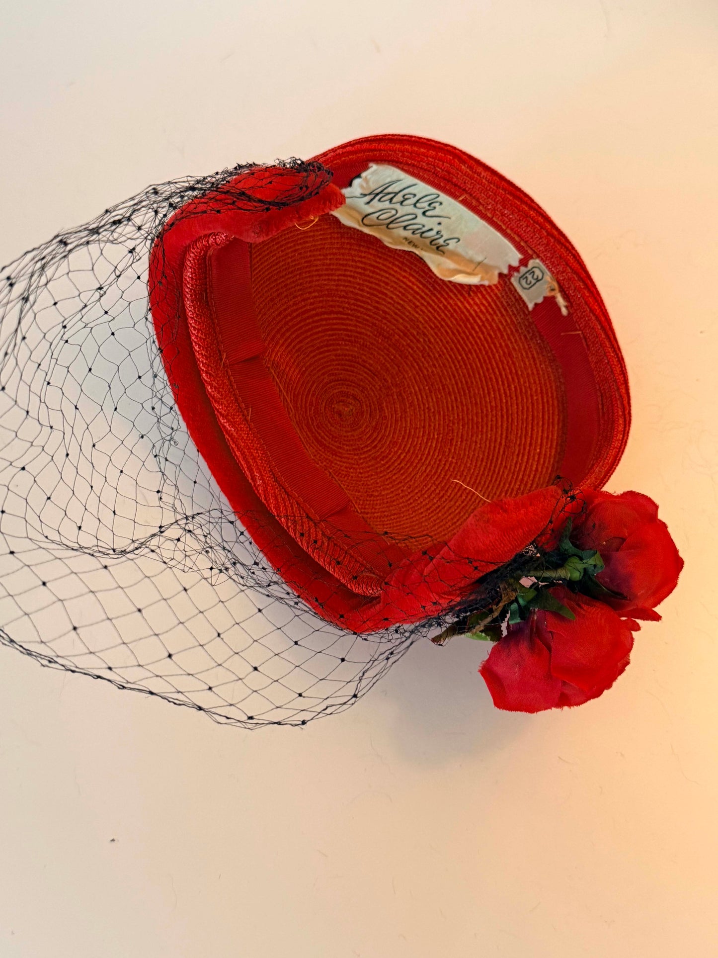Vintage Adele Clair Red Straw Half Hat | 1950s Floral Half Hat | Red Rose Veiled Cocktail Hat | Mid Century Millinery
