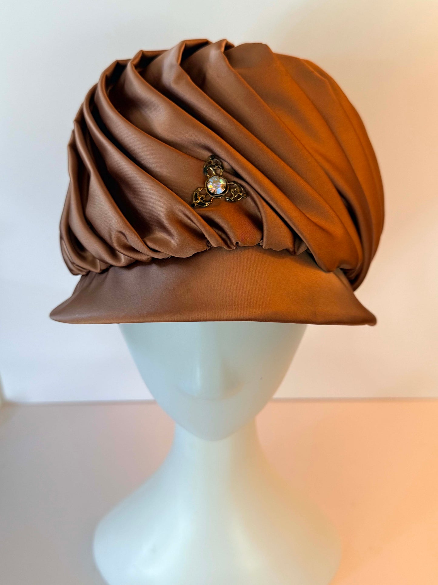 Vintage Bronze Satin Turban Hat | Draped 1950s Cocktail Hat with Rhinestone Brooch | Old Hollywood Glamour | Elegant Vintage Evening Millinery
