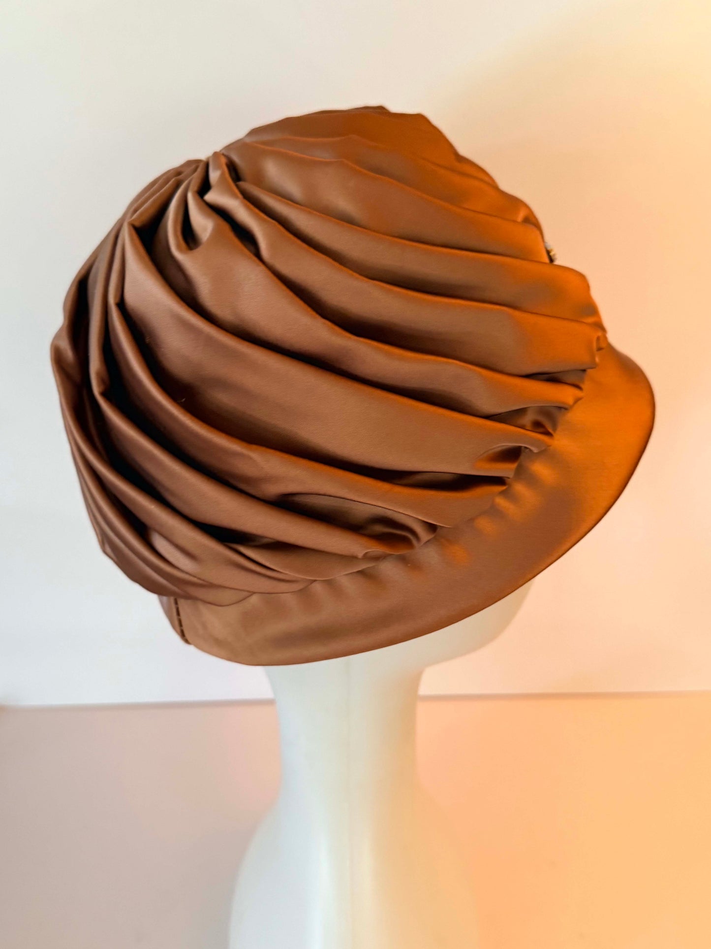 Vintage Bronze Satin Turban Hat | Draped 1950s Cocktail Hat with Rhinestone Brooch | Old Hollywood Glamour | Elegant Vintage Evening Millinery