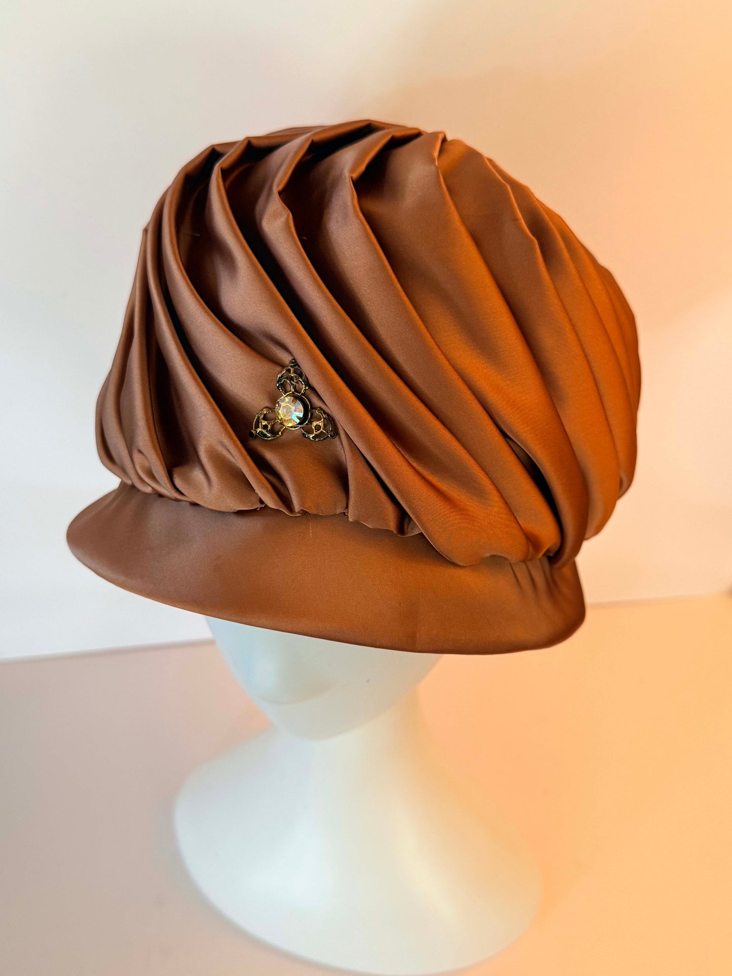 Vintage Bronze Satin Turban Hat | Draped 1950s Cocktail Hat with Rhinestone Brooch | Old Hollywood Glamour | Elegant Vintage Evening Millinery