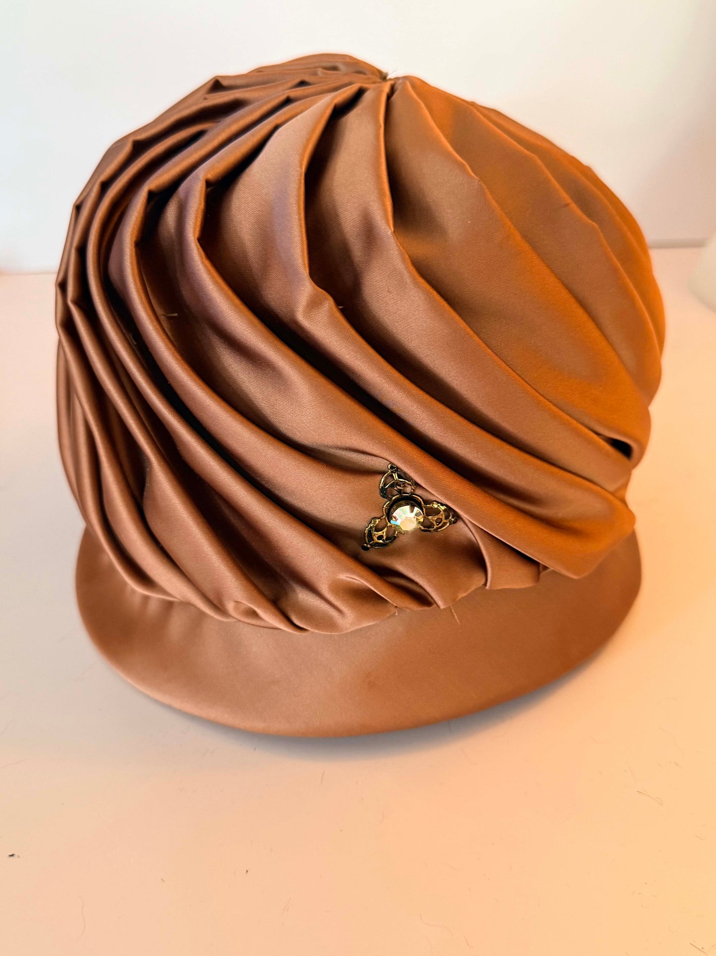 Vintage Bronze Satin Turban Hat | Draped 1950s Cocktail Hat with Rhinestone Brooch | Old Hollywood Glamour | Elegant Vintage Evening Millinery
