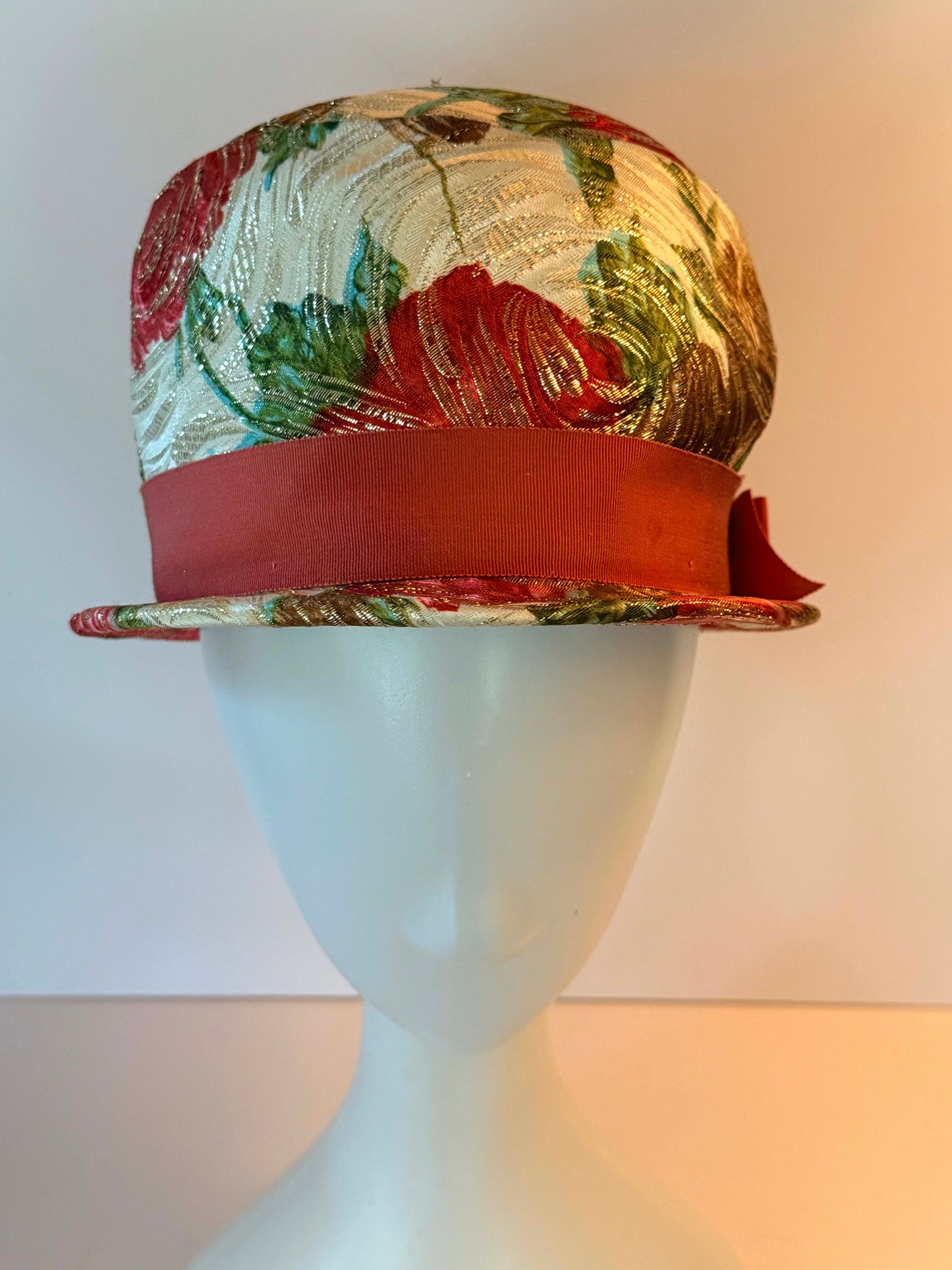 Vintage Eva Mae Floral Brocade Bucket Hat, 1960s Metallic Floral Hat, Pink Gold Tapestry Hat, Mid Century Brimmed Hat, Kentucky Derby Hat, Garden Party Hat