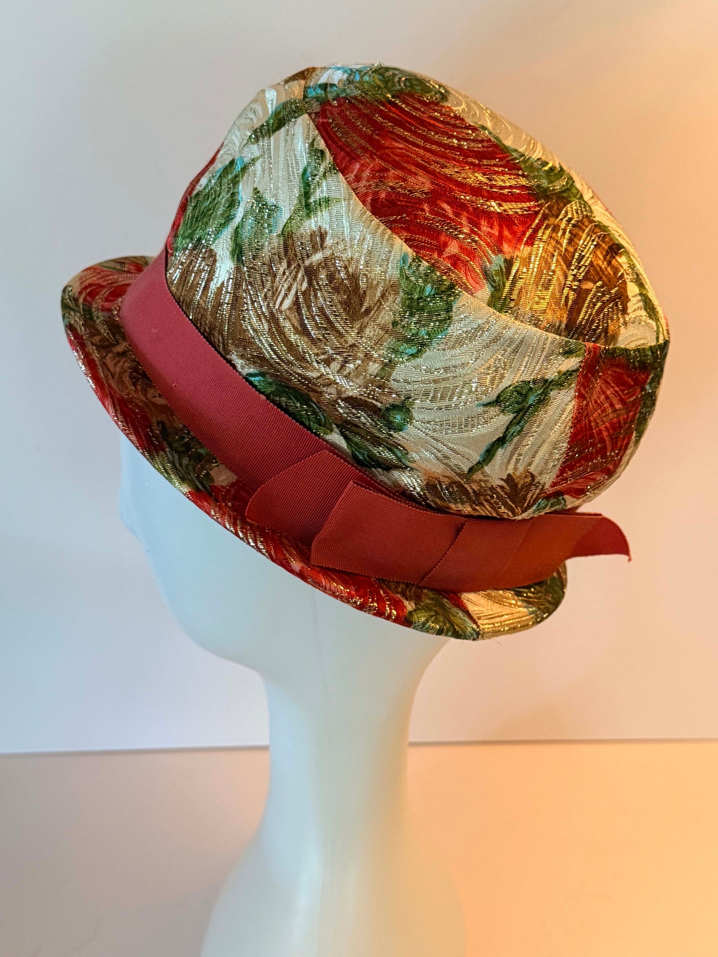 Vintage Eva Mae Floral Brocade Bucket Hat, 1960s Metallic Floral Hat, Pink Gold Tapestry Hat, Mid Century Brimmed Hat, Kentucky Derby Hat, Garden Party Hat