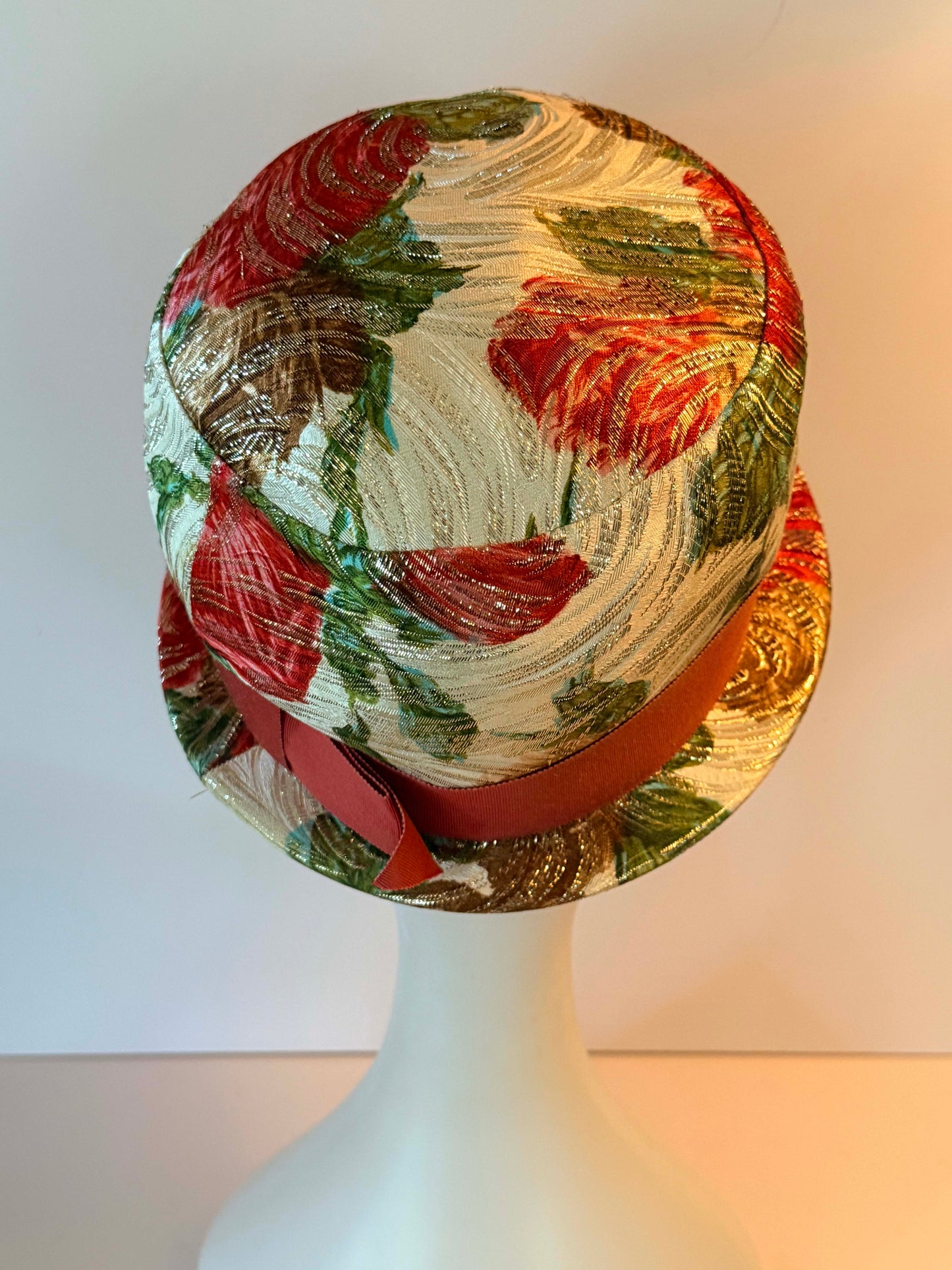 Vintage Eva Mae Floral Brocade Bucket Hat, 1960s Metallic Floral Hat, Pink Gold Tapestry Hat, Mid Century Brimmed Hat, Kentucky Derby Hat, Garden Party Hat