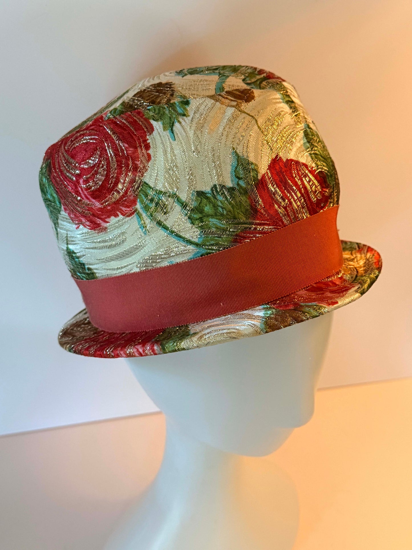 Vintage Eva Mae Floral Brocade Bucket Hat, 1960s Metallic Floral Hat, Pink Gold Tapestry Hat, Mid Century Brimmed Hat, Kentucky Derby Hat, Garden Party Hat