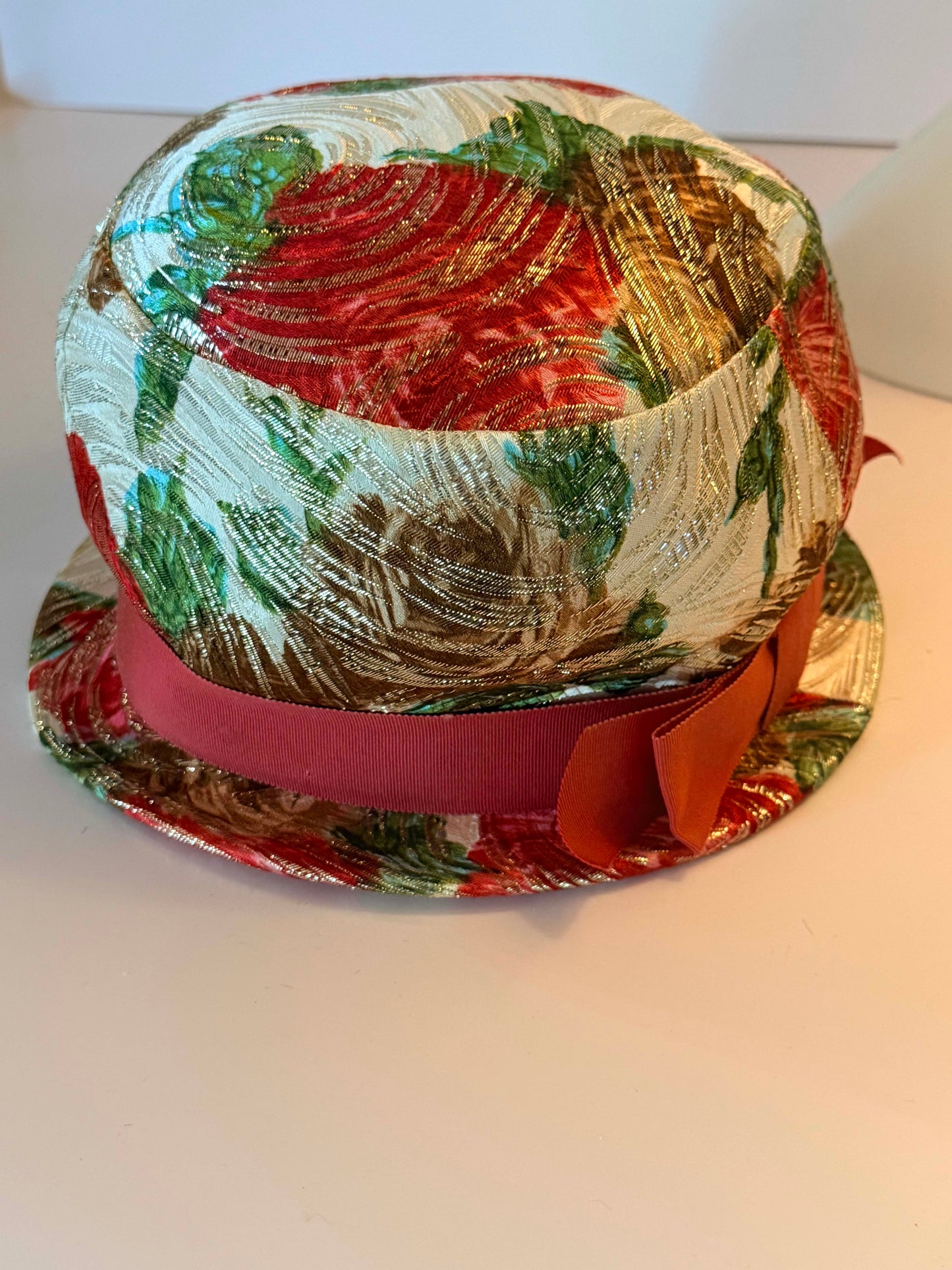 Vintage Eva Mae Floral Brocade Bucket Hat, 1960s Metallic Floral Hat, Pink Gold Tapestry Hat, Mid Century Brimmed Hat, Kentucky Derby Hat, Garden Party Hat