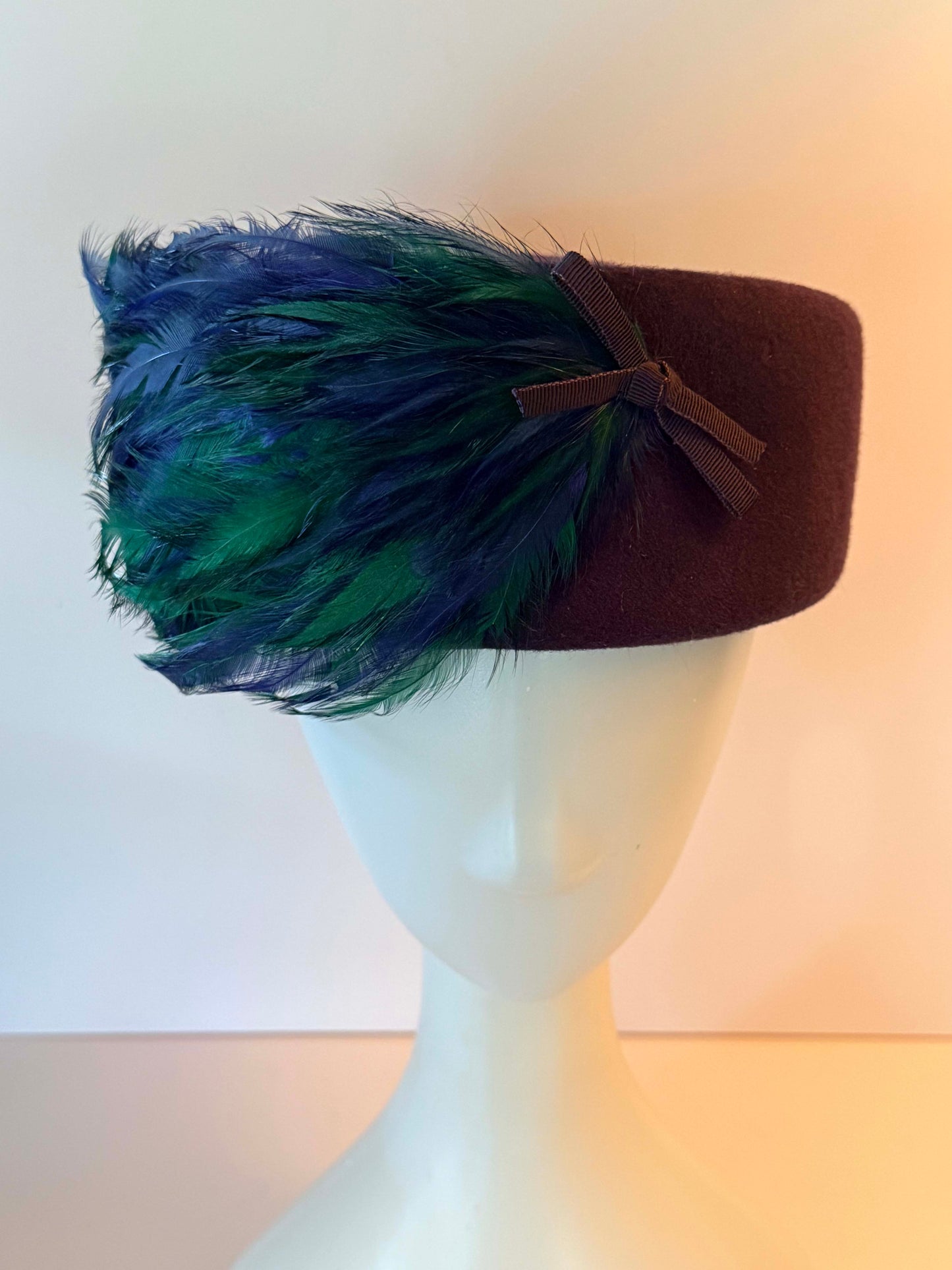 Vintage Gage Original Pillbox Hat 1950s Eggplant Wool Feather Cocktail Hat Blue Green Millinery