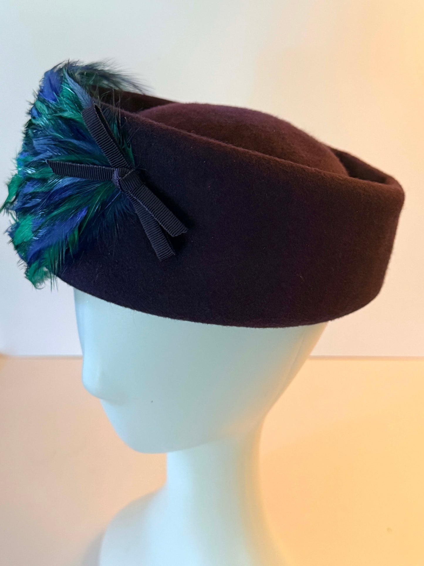 Vintage Gage Original Pillbox Hat 1950s Eggplant Wool Feather Cocktail Hat Blue Green Millinery