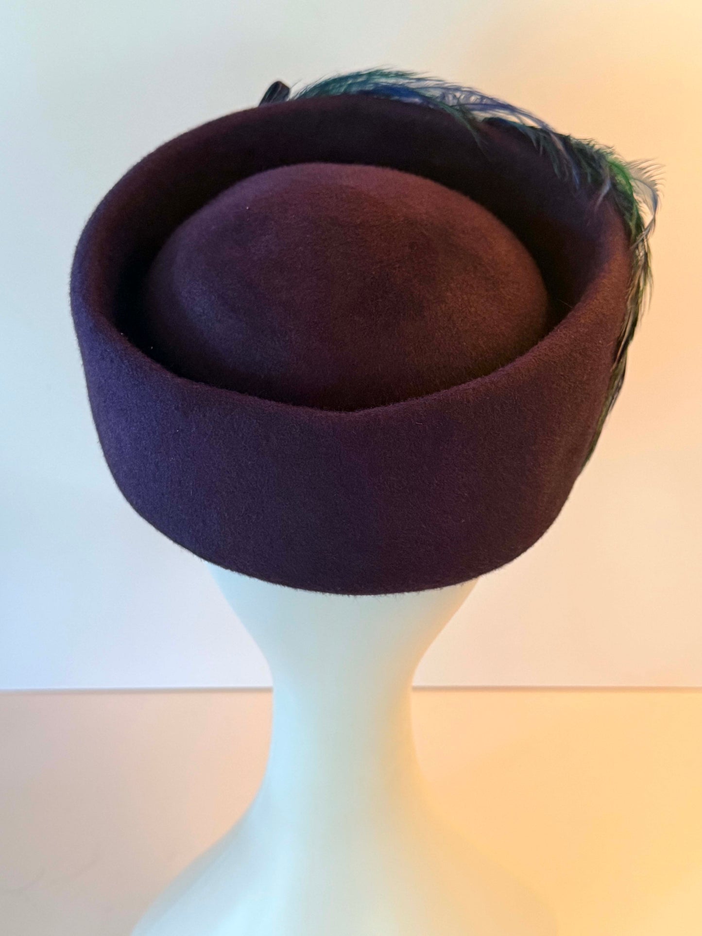 Vintage Gage Original Pillbox Hat 1950s Eggplant Wool Feather Cocktail Hat Blue Green Millinery