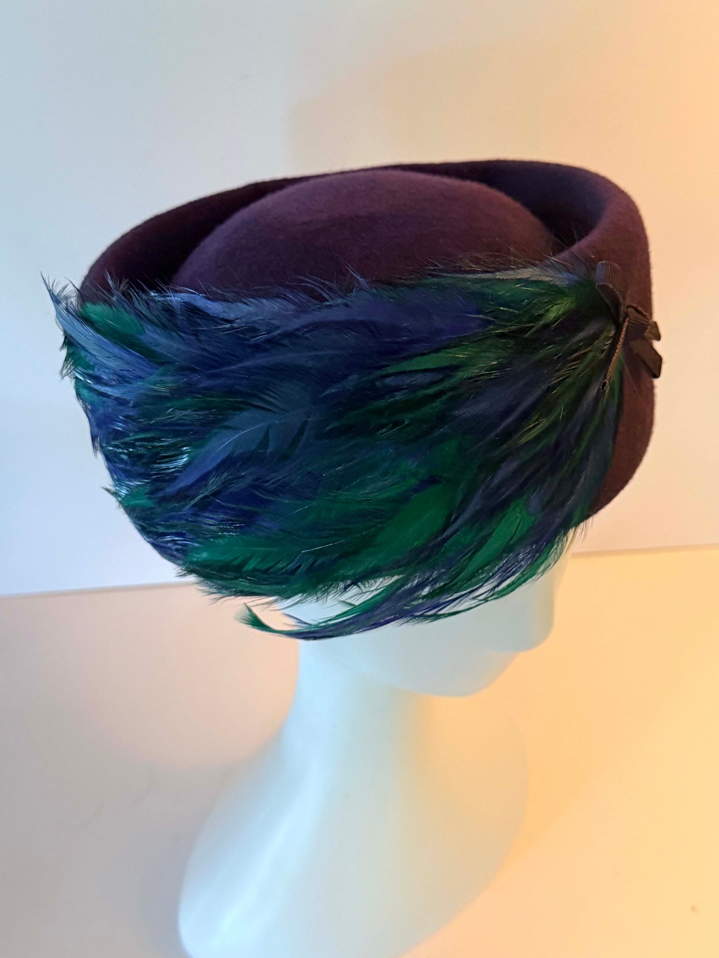 Vintage Gage Original Pillbox Hat 1950s Eggplant Wool Feather Cocktail Hat Blue Green Millinery