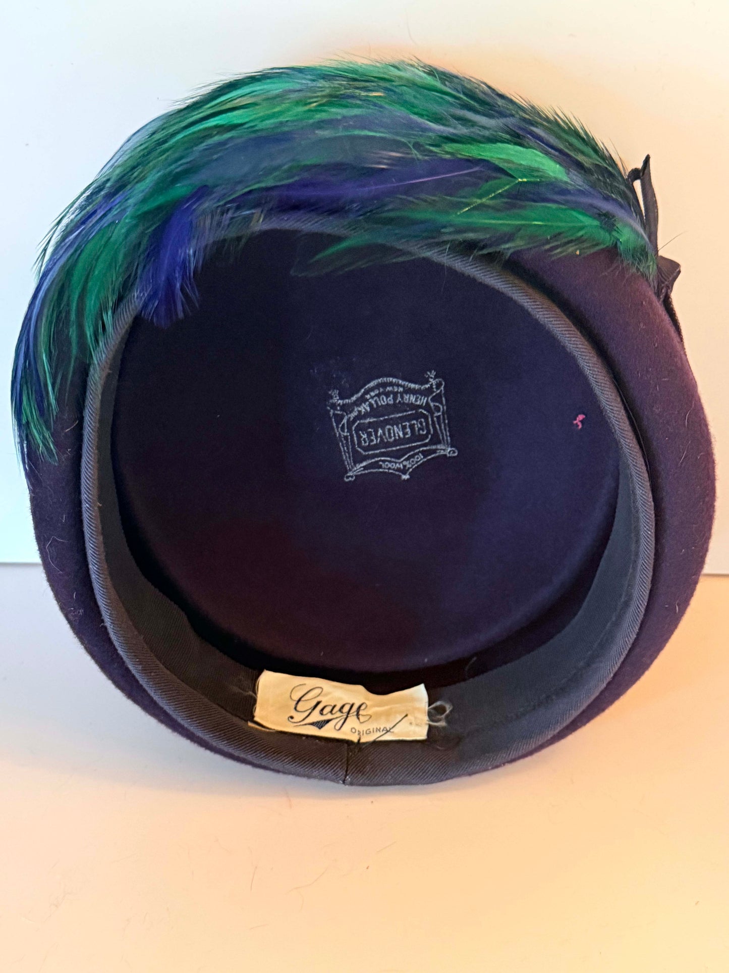 Vintage Gage Original Pillbox Hat 1950s Eggplant Wool Feather Cocktail Hat Blue Green Millinery