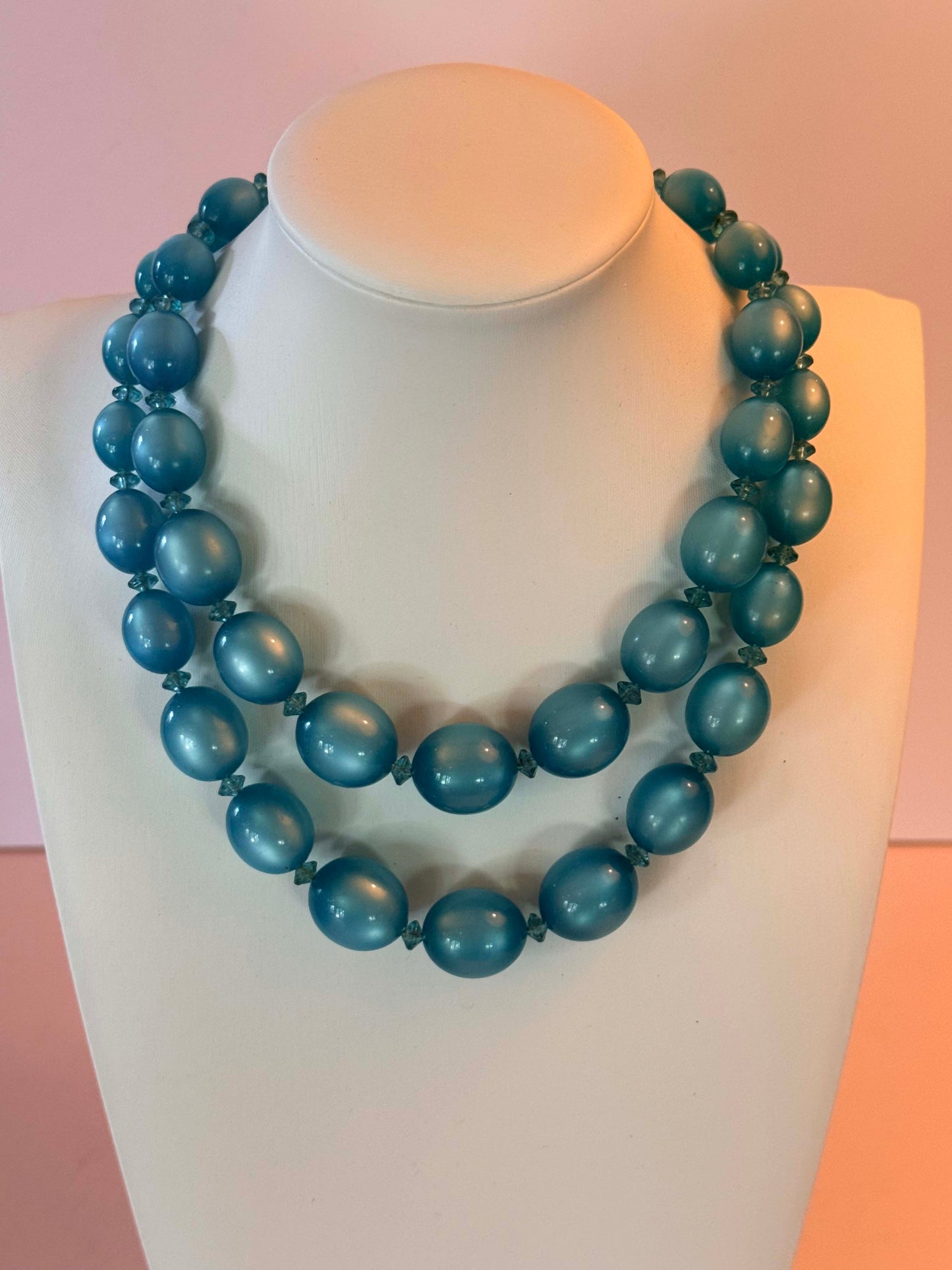 Vintage Double Strand Aqua Blue Beaded Necklace Mid Century Lucite Necklace Retro Costume Jewelry