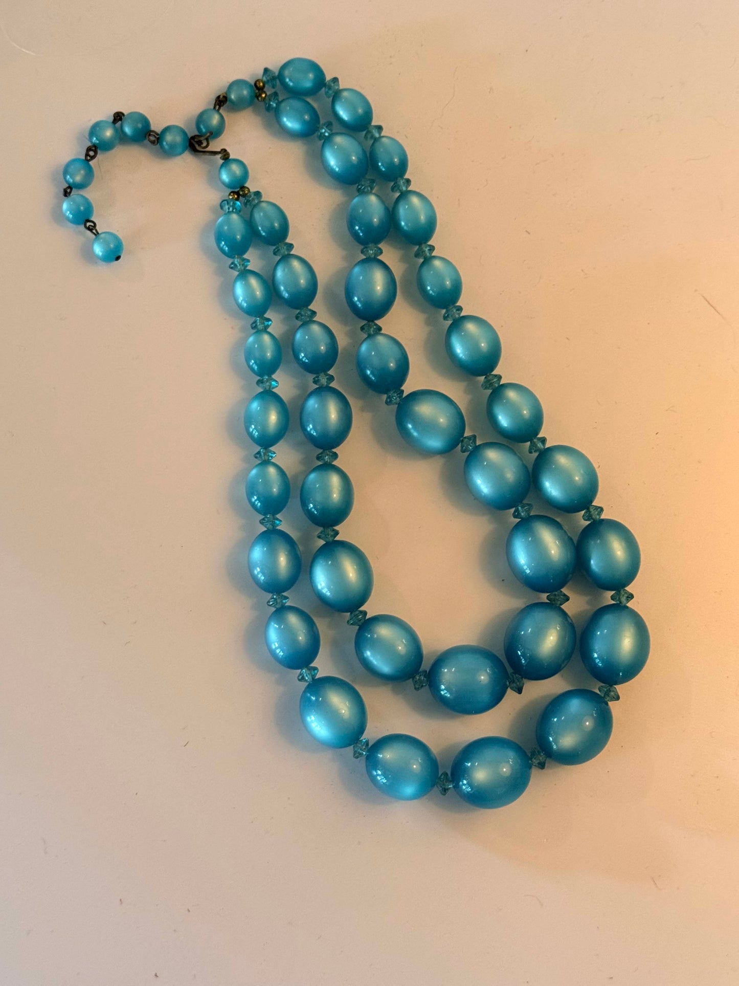 Vintage Double Strand Aqua Blue Beaded Necklace Mid Century Lucite Necklace Retro Costume Jewelry