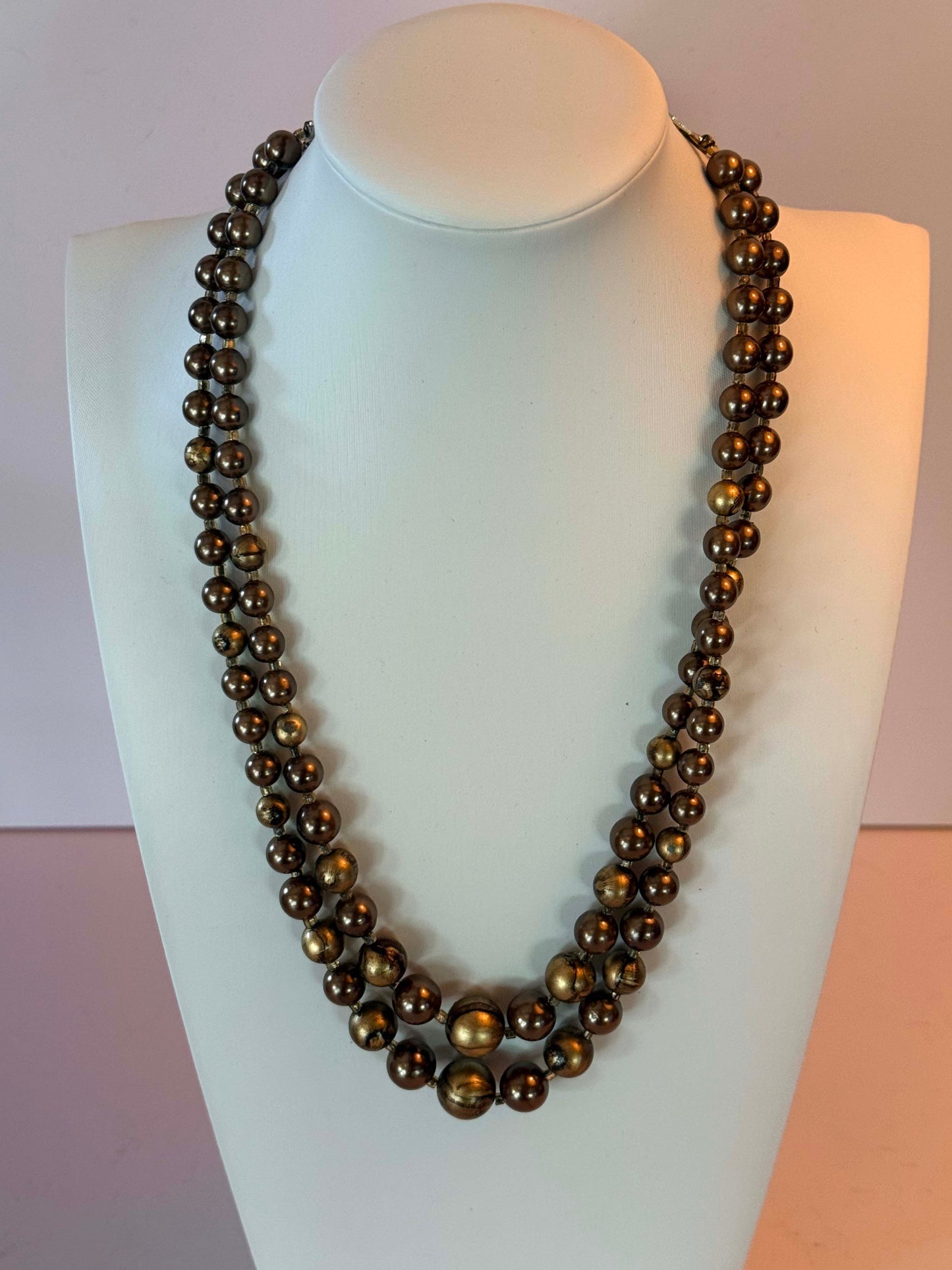 Vintage Bronze Gold Two Strand Beaded Necklace Mid Century Statement Jewelry Retro Necklace