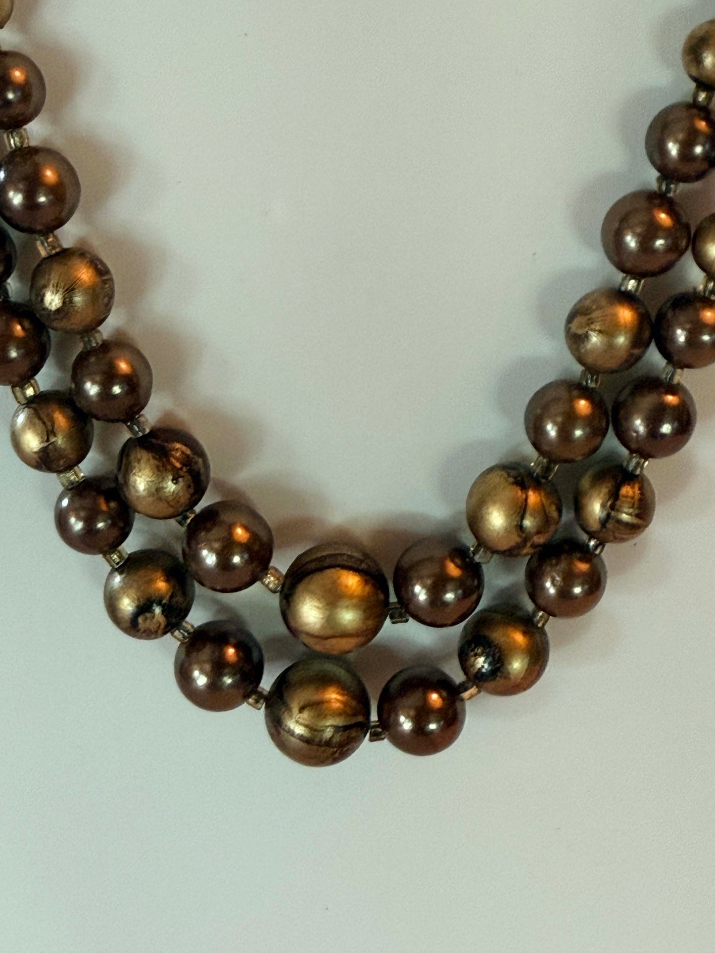 Vintage Bronze Gold Two Strand Beaded Necklace Mid Century Statement Jewelry Retro Necklace