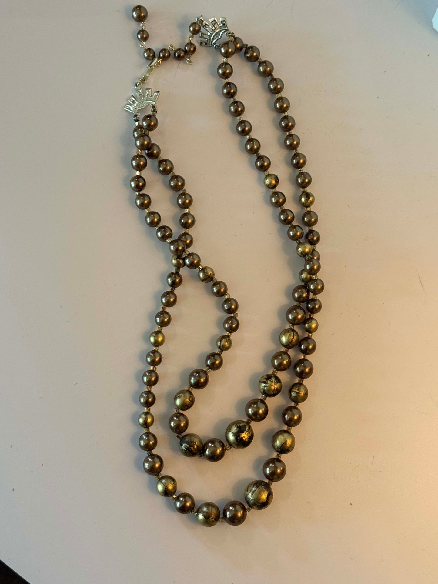 Vintage Bronze Gold Two Strand Beaded Necklace Mid Century Statement Jewelry Retro Necklace