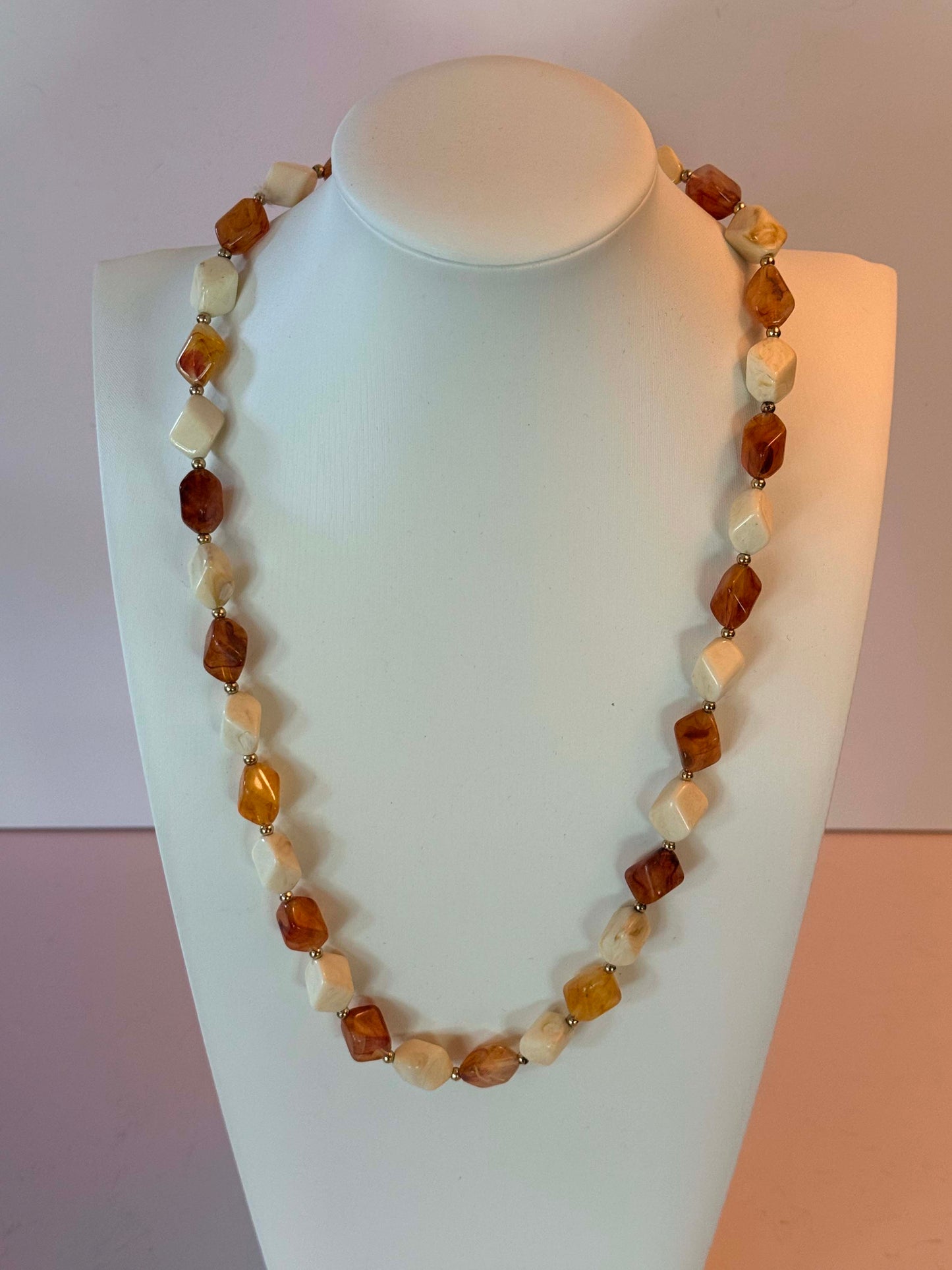 Vintage Amber Ivory Lucite Necklace Mid Century Geometric Beaded Necklace Retro Mod Jewelry