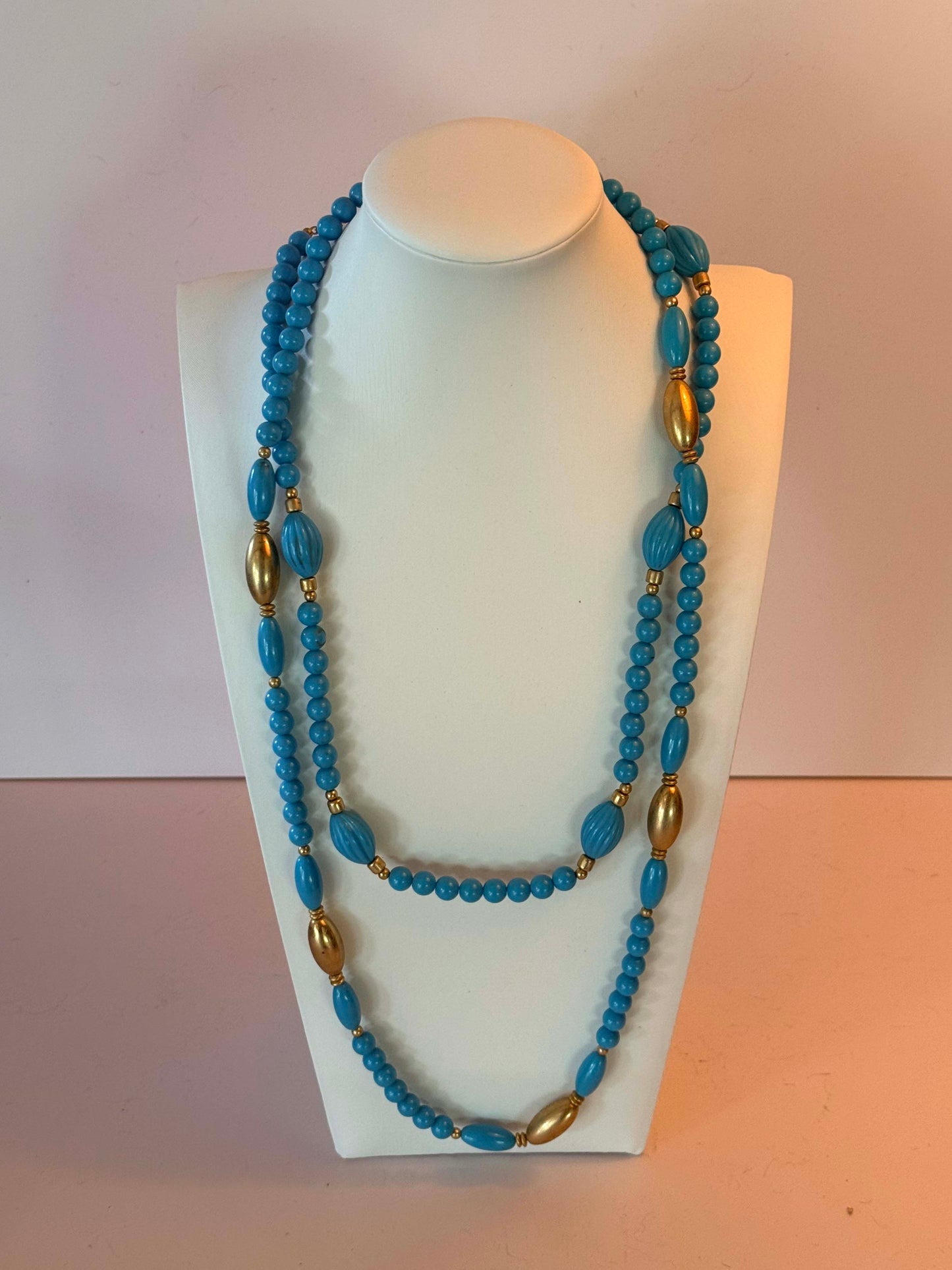 Vintage Blue Lucite Long Strand Necklace Mid Century Beaded Necklace Gold Tone Retro Jewelry