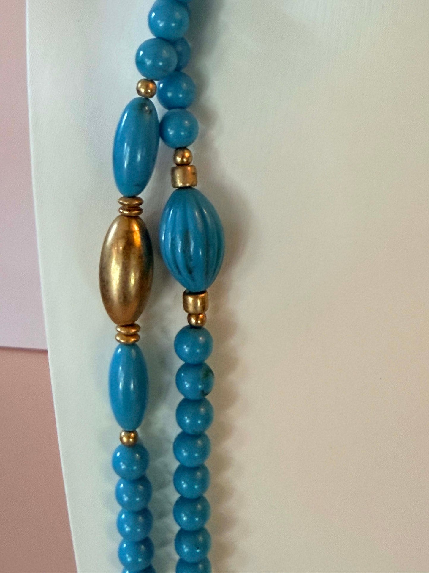 Vintage Blue Lucite Long Strand Necklace Mid Century Beaded Necklace Gold Tone Retro Jewelry