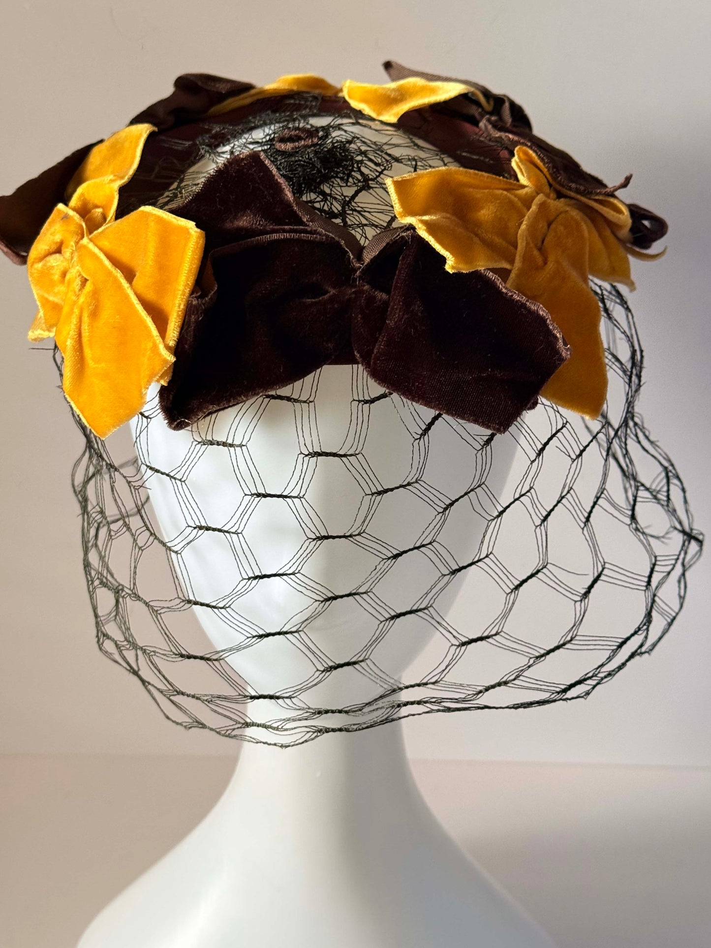 Vintage 1960s Brown & Mustard Yellow Veiled Halo Hat | Velvet Bow Cocktail Hat | Mid Century Birdcage Veil | Wedding &amp; Derby Hat