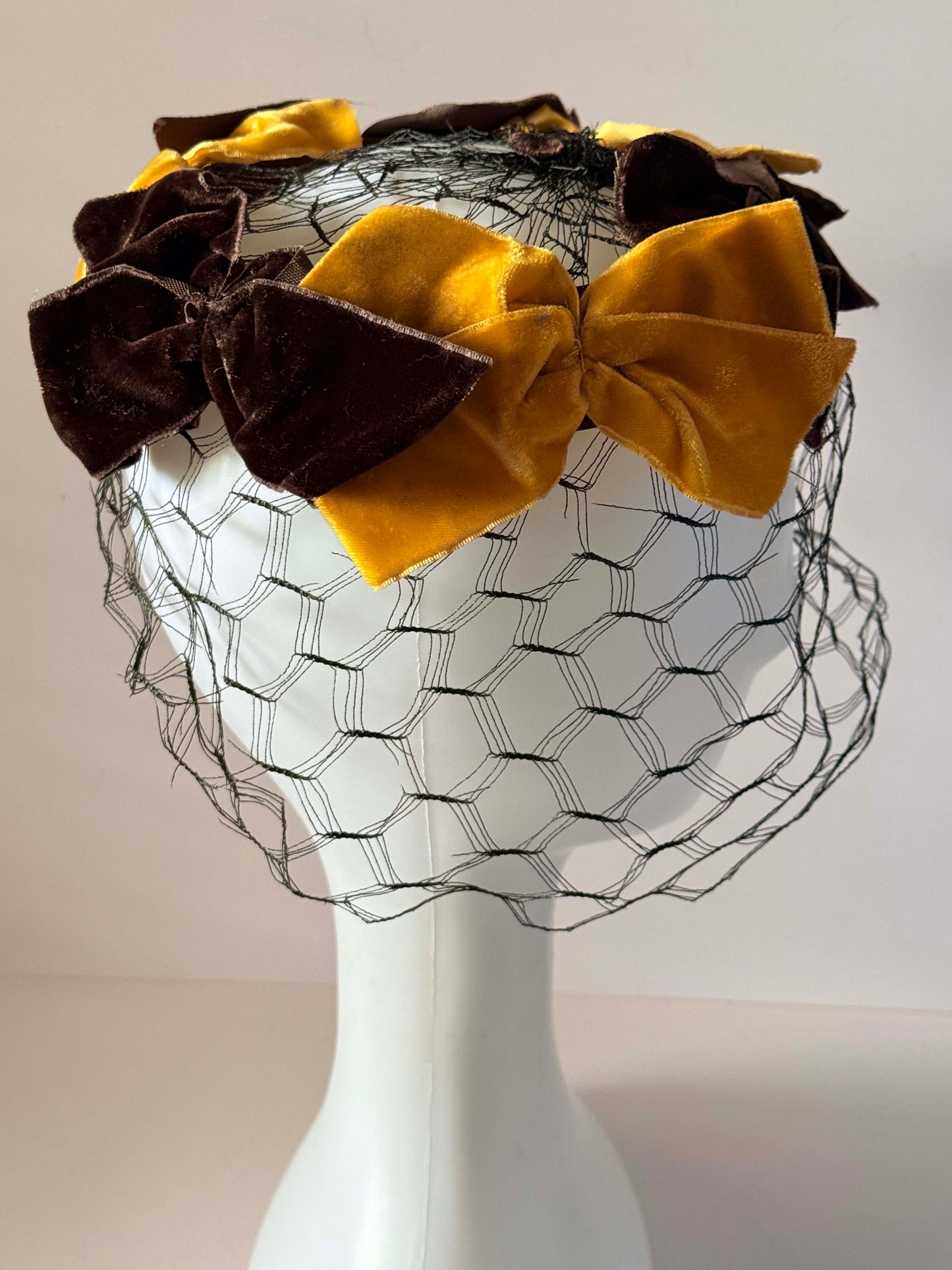 Vintage 1960s Brown & Mustard Yellow Veiled Halo Hat | Velvet Bow Cocktail Hat | Mid Century Birdcage Veil | Wedding &amp; Derby Hat