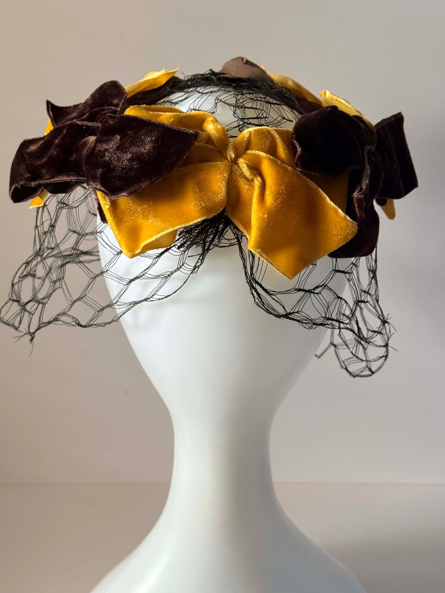 Vintage 1960s Brown & Mustard Yellow Veiled Halo Hat | Velvet Bow Cocktail Hat | Mid Century Birdcage Veil | Wedding &amp; Derby Hat