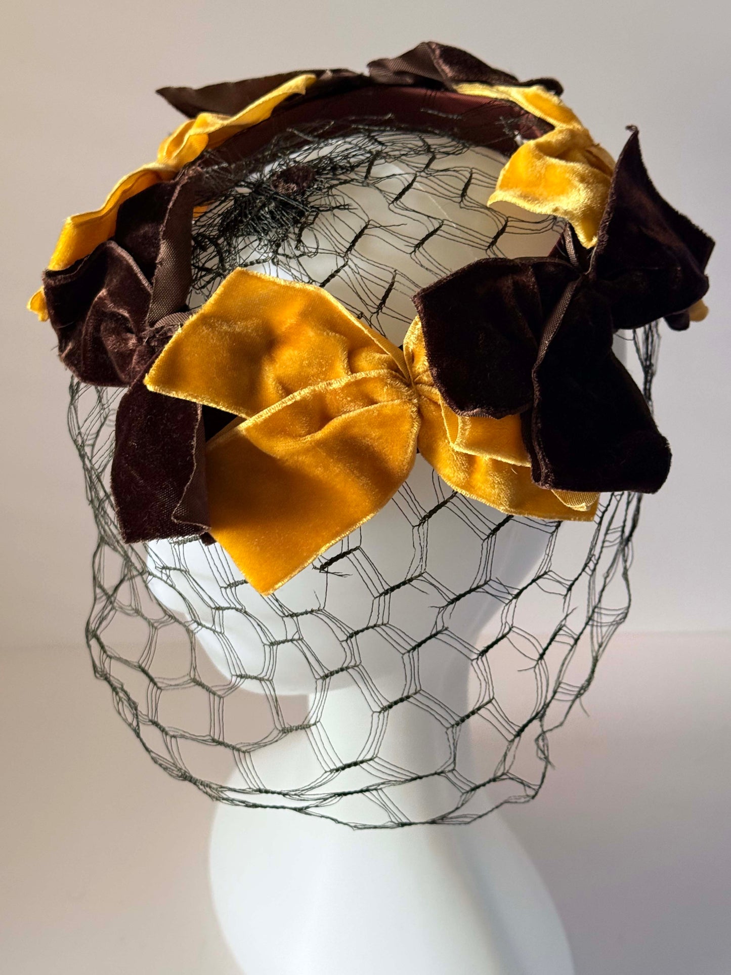 Vintage 1960s Brown & Mustard Yellow Veiled Halo Hat | Velvet Bow Cocktail Hat | Mid Century Birdcage Veil | Wedding &amp; Derby Hat