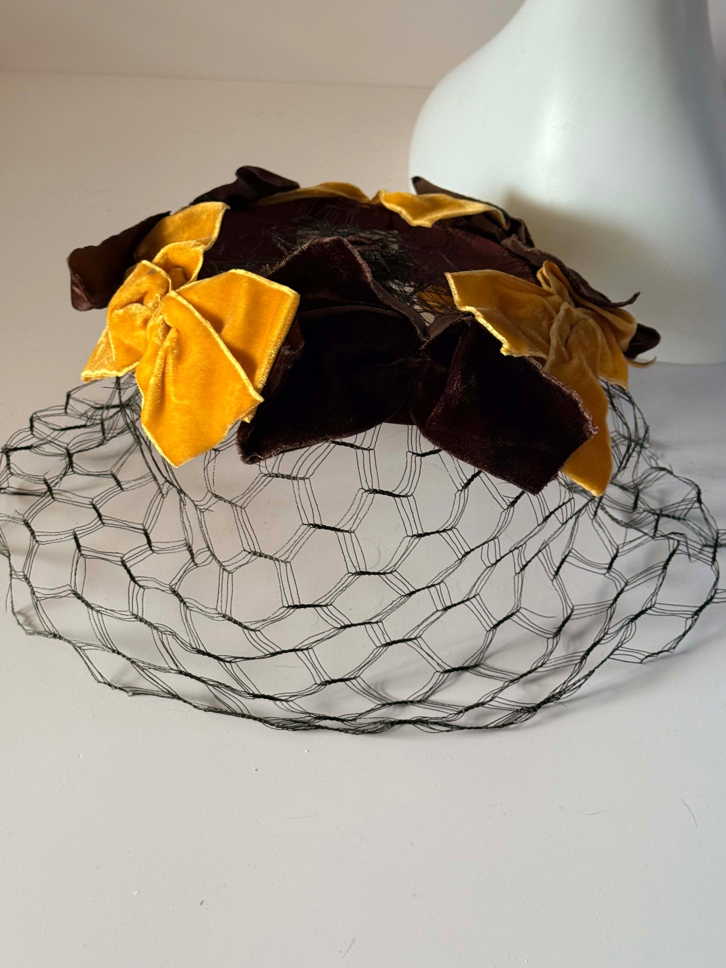 Vintage 1960s Brown & Mustard Yellow Veiled Halo Hat | Velvet Bow Cocktail Hat | Mid Century Birdcage Veil | Wedding &amp; Derby Hat