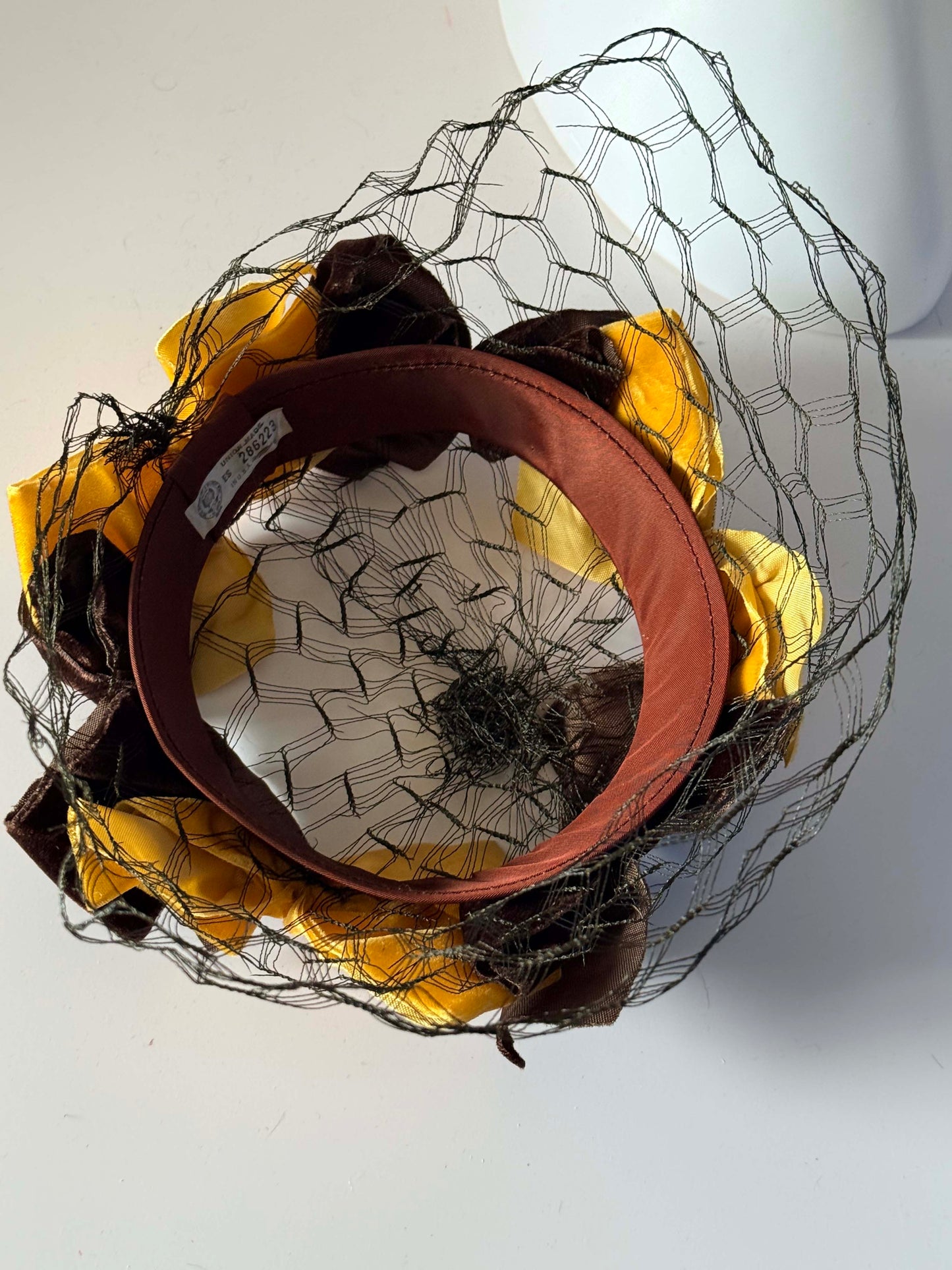Vintage 1960s Brown & Mustard Yellow Veiled Halo Hat | Velvet Bow Cocktail Hat | Mid Century Birdcage Veil | Wedding &amp; Derby Hat
