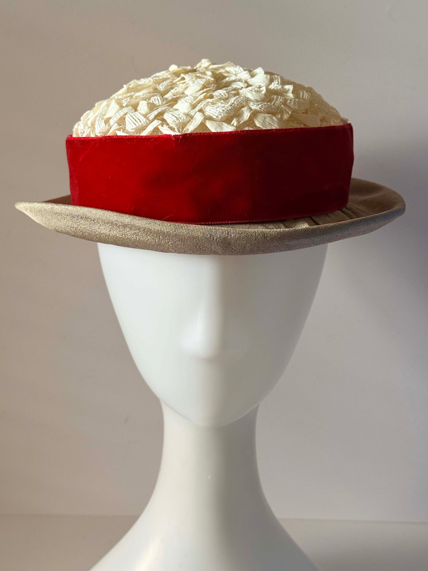 Vintage 1960s Straw Boater Hat with Red Velvet Band | Ivory Woven Crown | Taupe Brim | Mid Century Women's Hat
