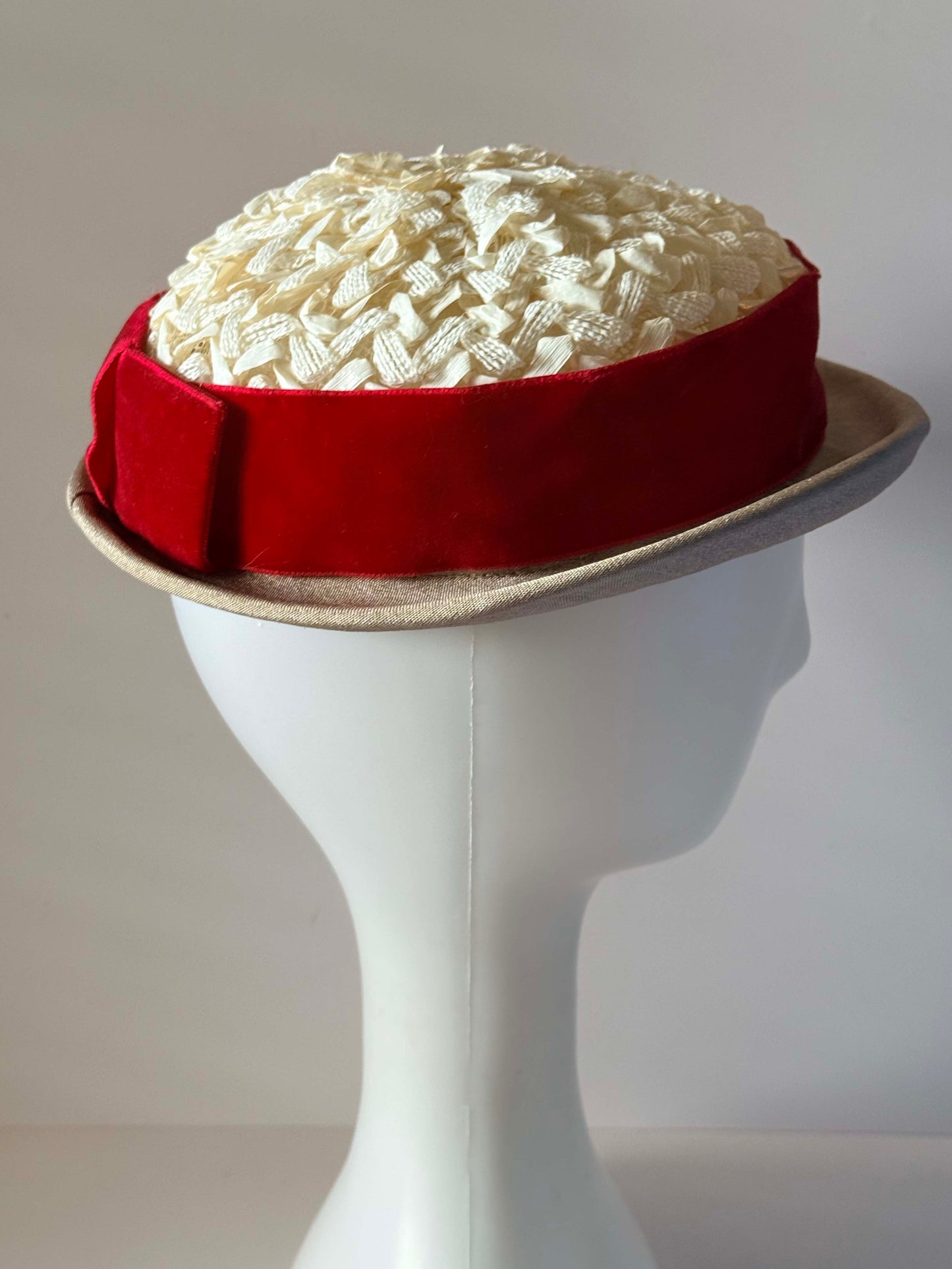 Vintage 1960s Straw Boater Hat with Red Velvet Band | Ivory Woven Crown | Taupe Brim | Mid Century Women's Hat