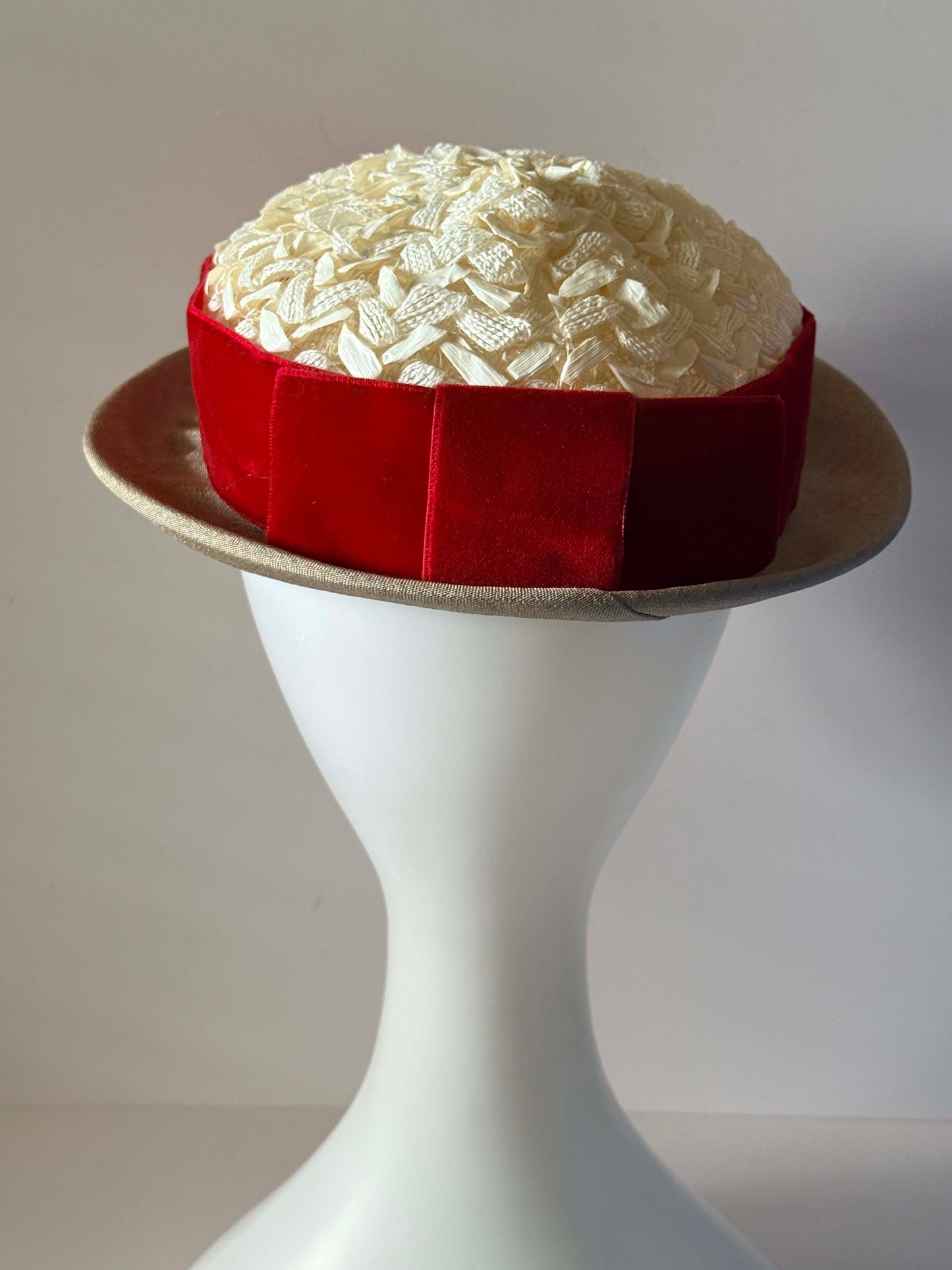 Vintage 1960s Straw Boater Hat with Red Velvet Band | Ivory Woven Crown | Taupe Brim | Mid Century Women's Hat