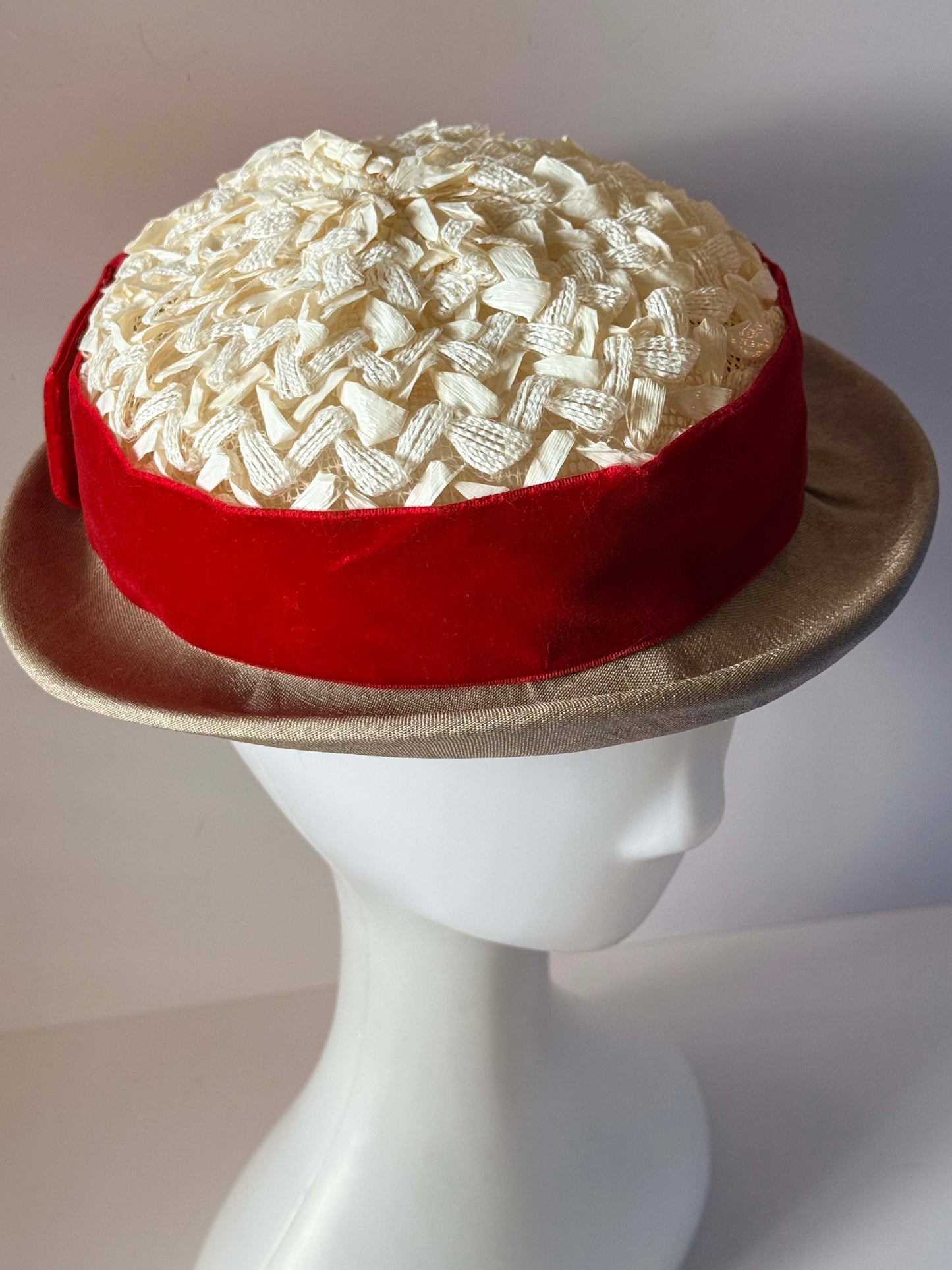 Vintage 1960s Straw Boater Hat with Red Velvet Band | Ivory Woven Crown | Taupe Brim | Mid Century Women's Hat