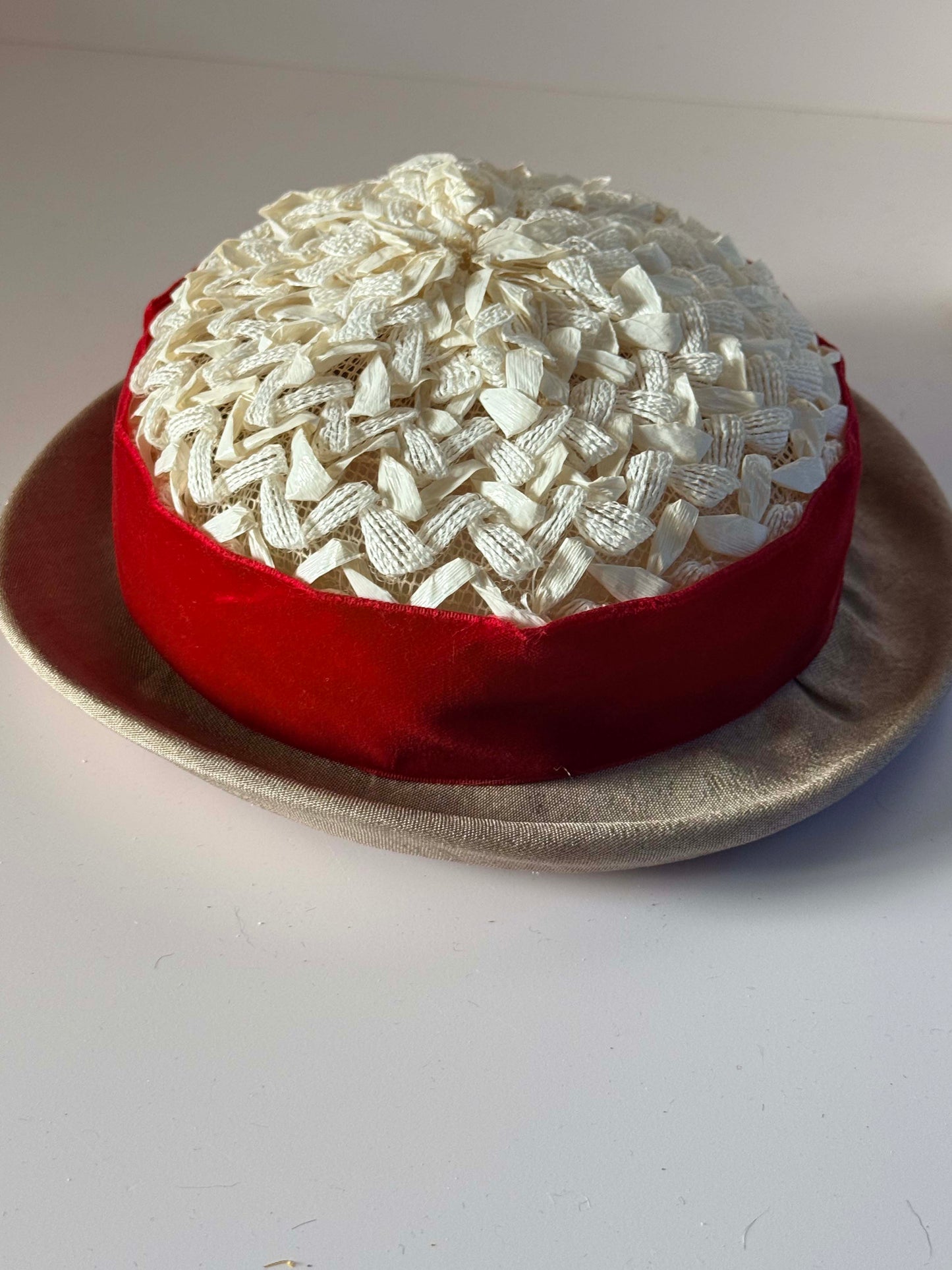 Vintage 1960s Straw Boater Hat with Red Velvet Band | Ivory Woven Crown | Taupe Brim | Mid Century Women's Hat